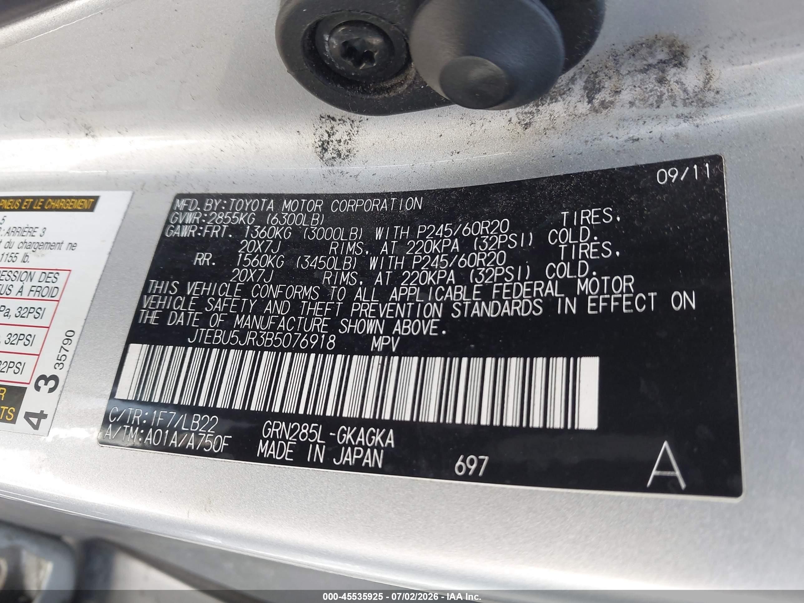 2011 Toyota 4runner Limited V6 Silver vin: JTEBU5JR3B5076918