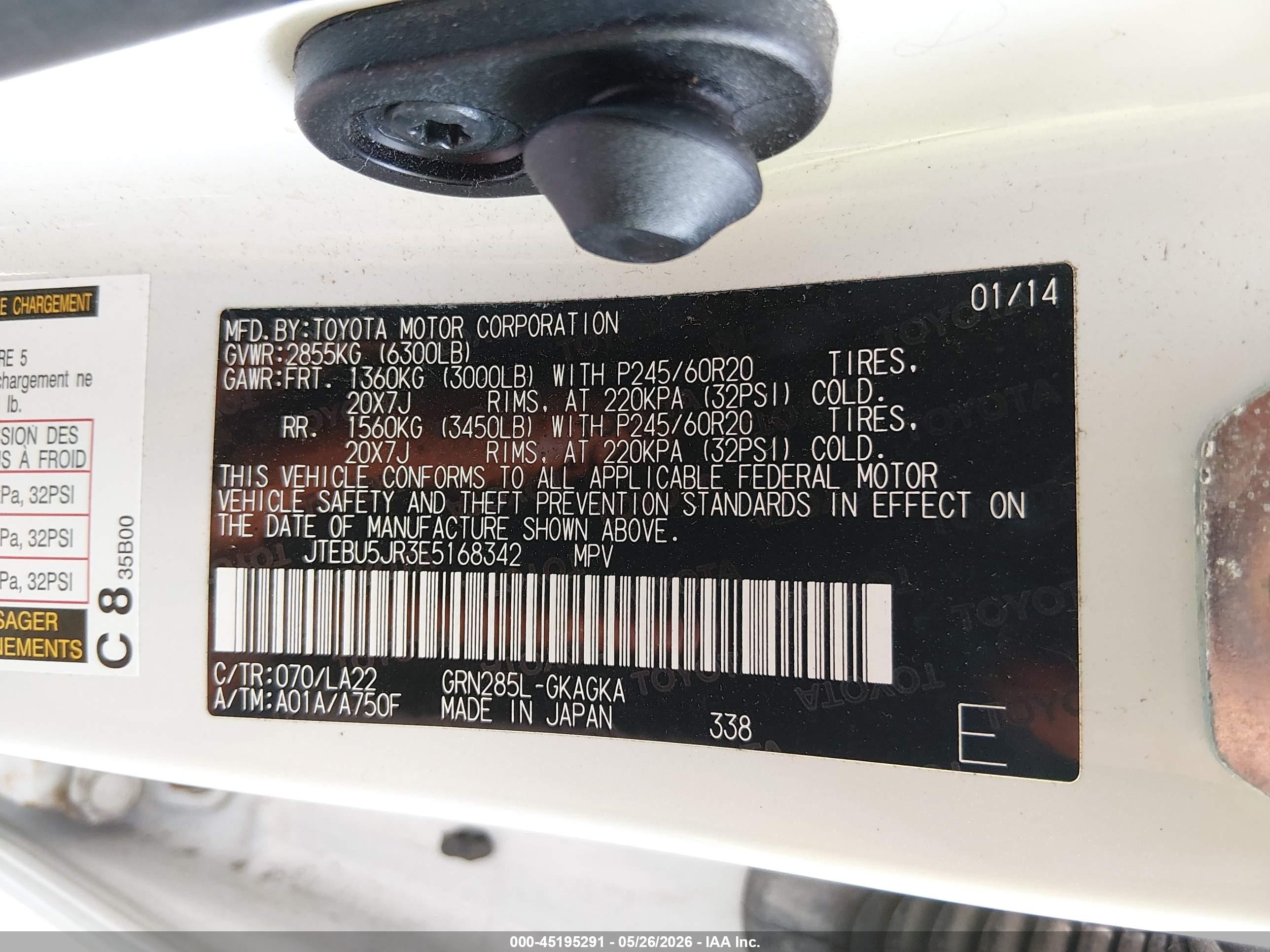 2014 Toyota 4runner Limited White vin: JTEBU5JR3E5168342