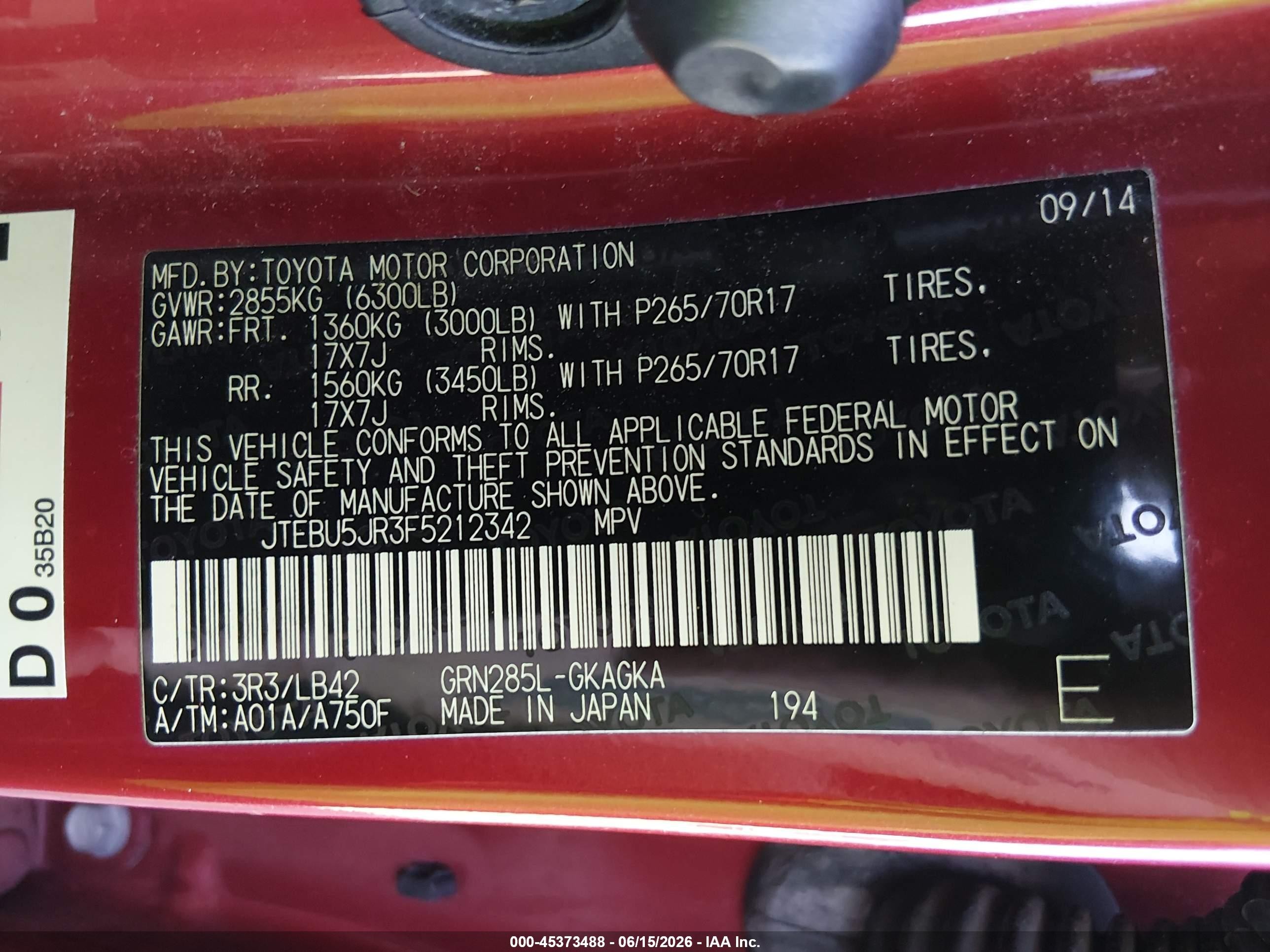 2015 Toyota 4runner Sr5 Premium Red vin: JTEBU5JR3F5212342