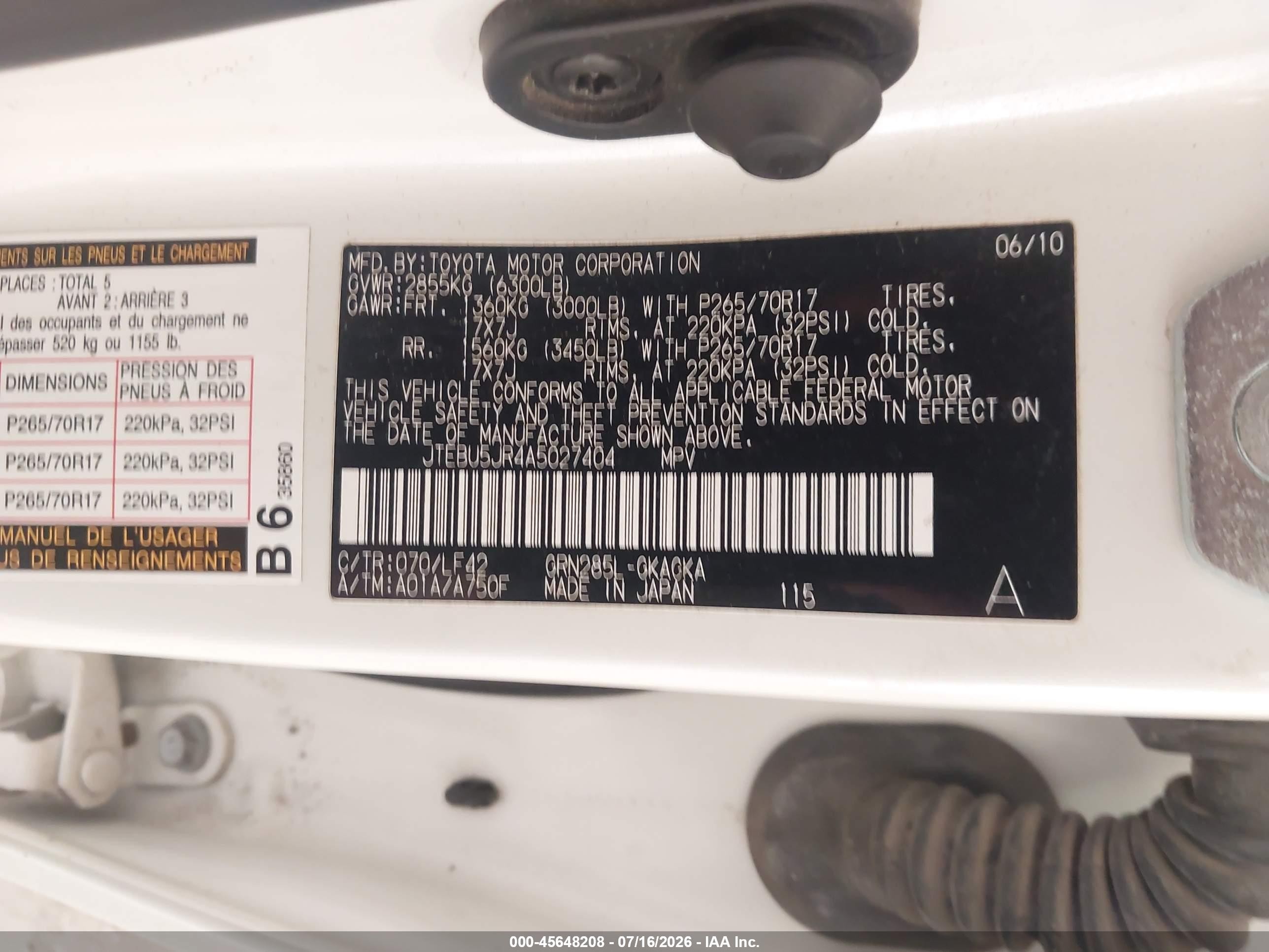 2010 Toyota 4runner Sr5 V6 White vin: JTEBU5JR4A5027404