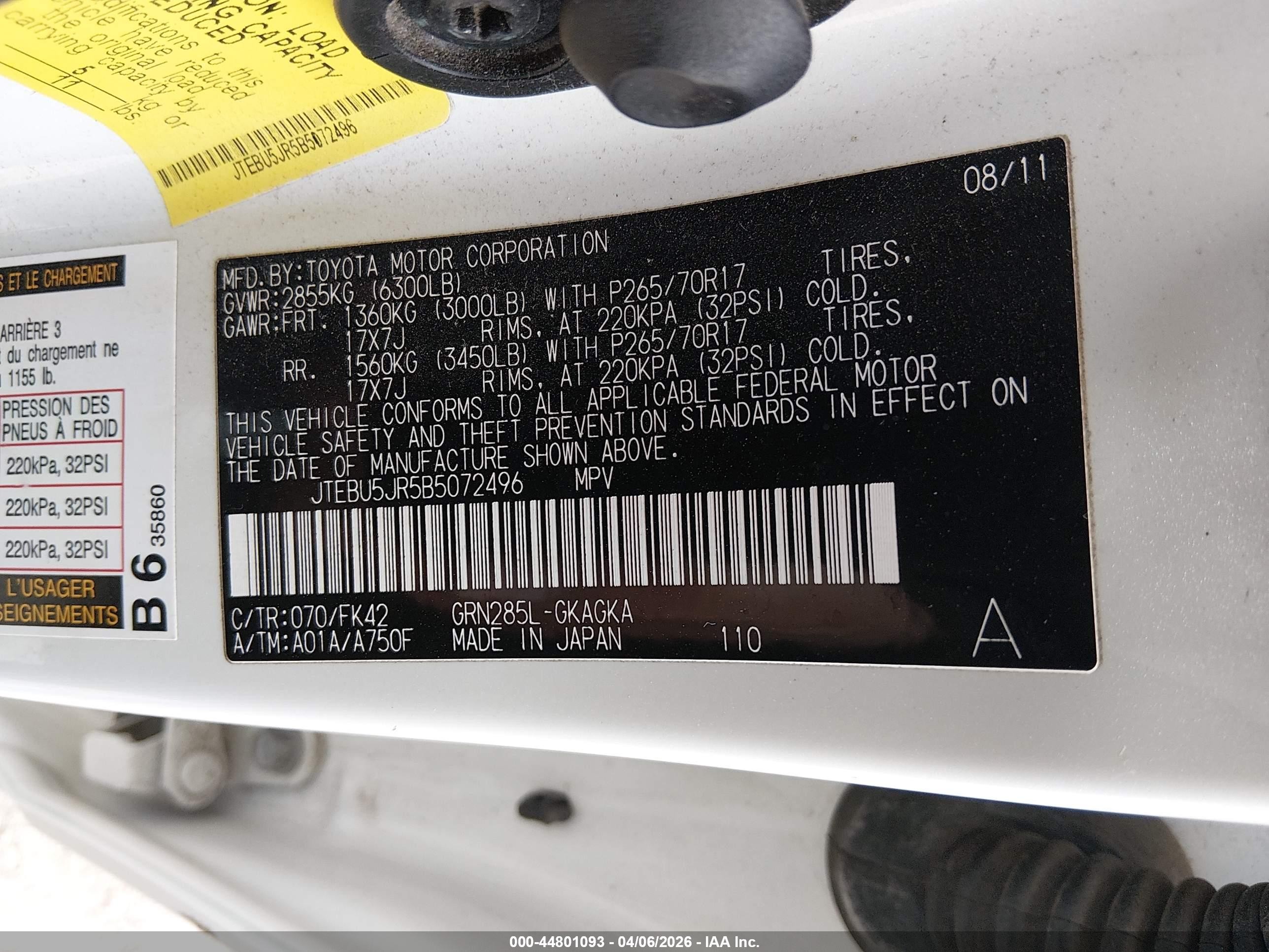 2011 Toyota 4runner Sr5 V6 White vin: JTEBU5JR5B5072496