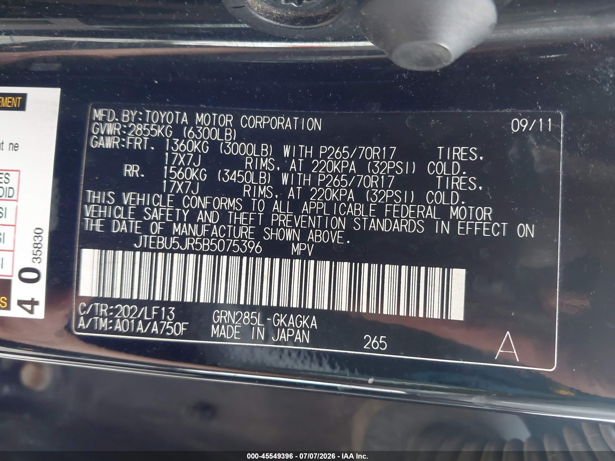 2011 Toyota 4runner Sr5 V6 Black vin: JTEBU5JR5B5075396