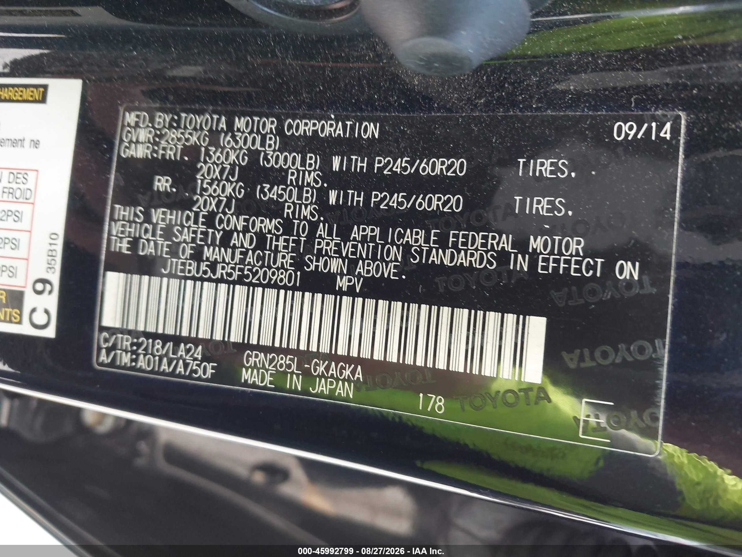 2015 Toyota 4runner Limited Black vin: JTEBU5JR5F5209801