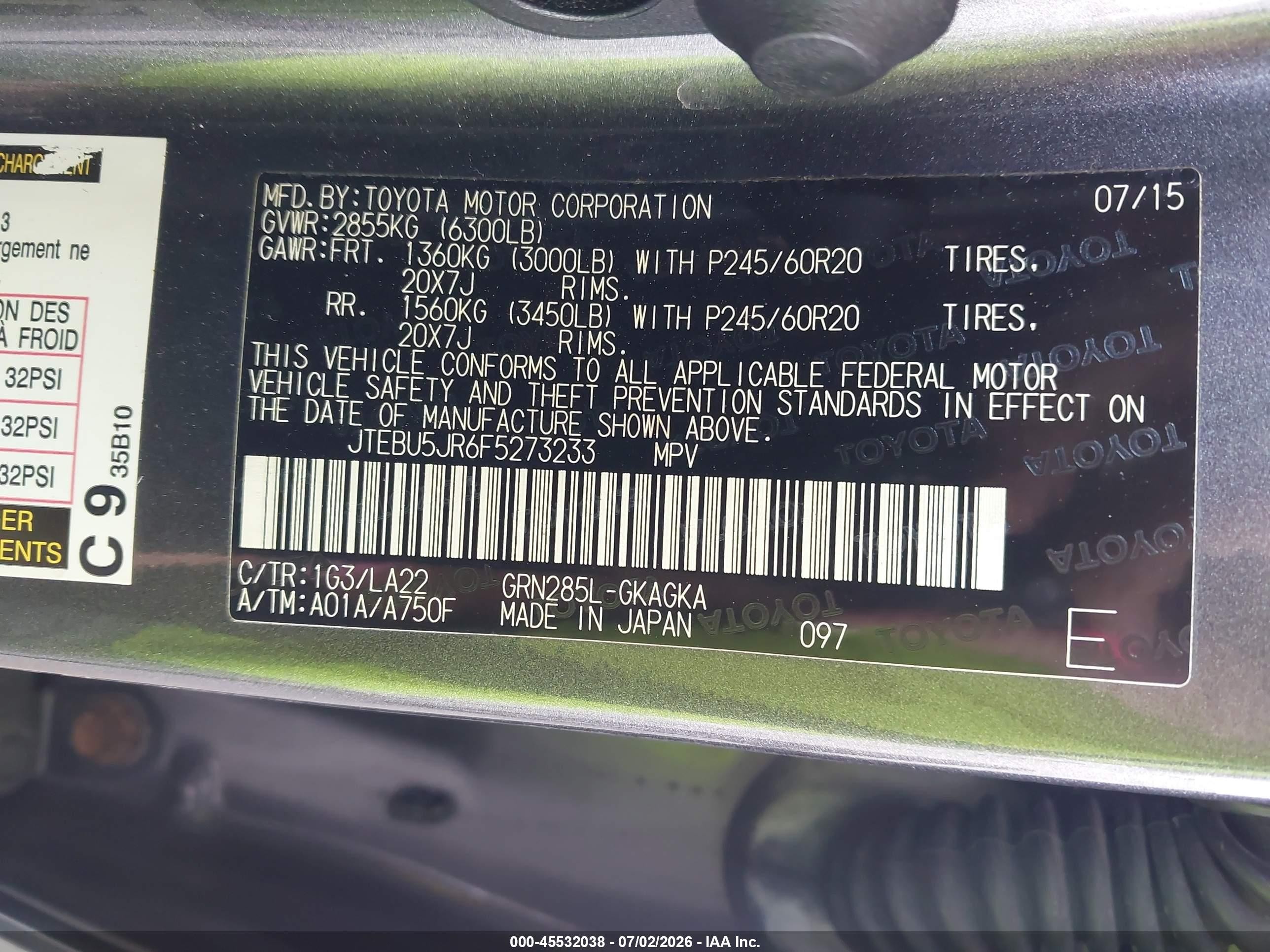 2015 Toyota 4runner Limited/sr5/sr5 Premium/trail/trail Premium/trd Pro Gray vin: JTEBU5JR6F5273233