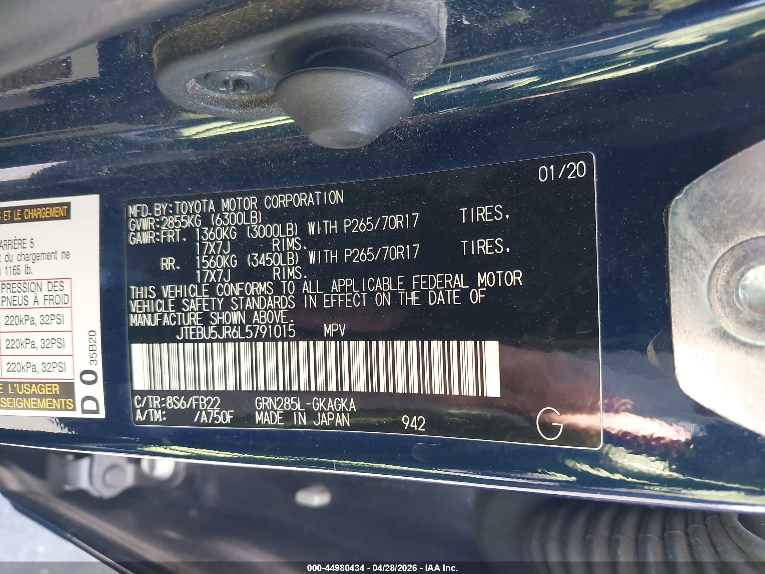 2020 Toyota 4runner Sr5 Blue vin: JTEBU5JR6L5791015
