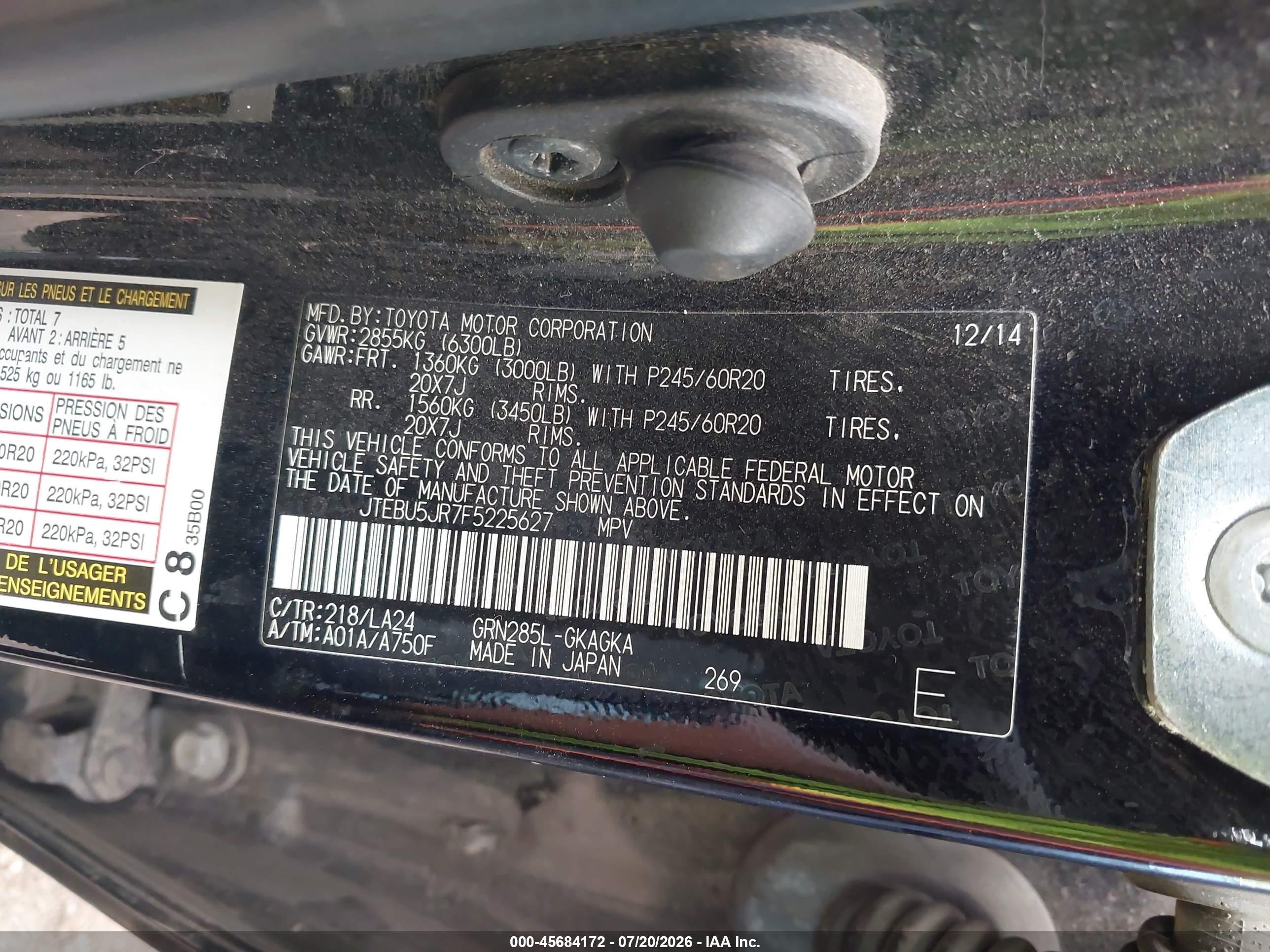 2015 Toyota 4runner Limited Black vin: JTEBU5JR7F5225627