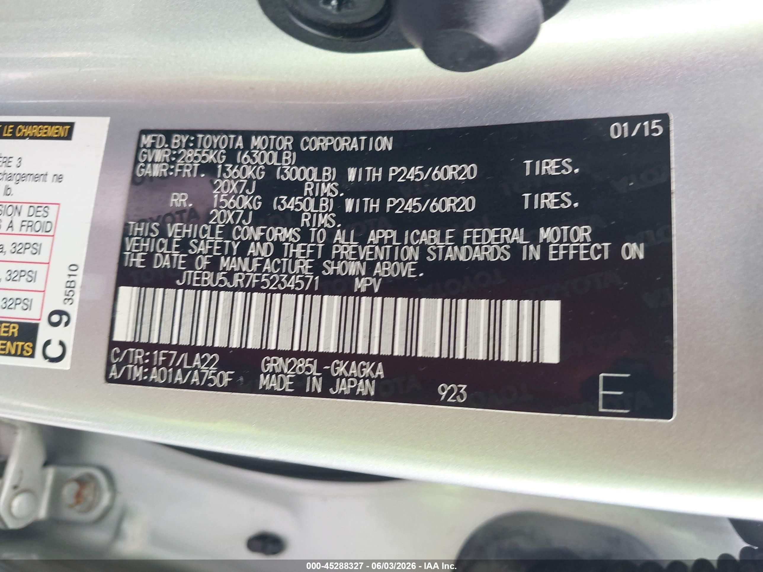 2015 Toyota 4runner Limited Silver vin: JTEBU5JR7F5234571