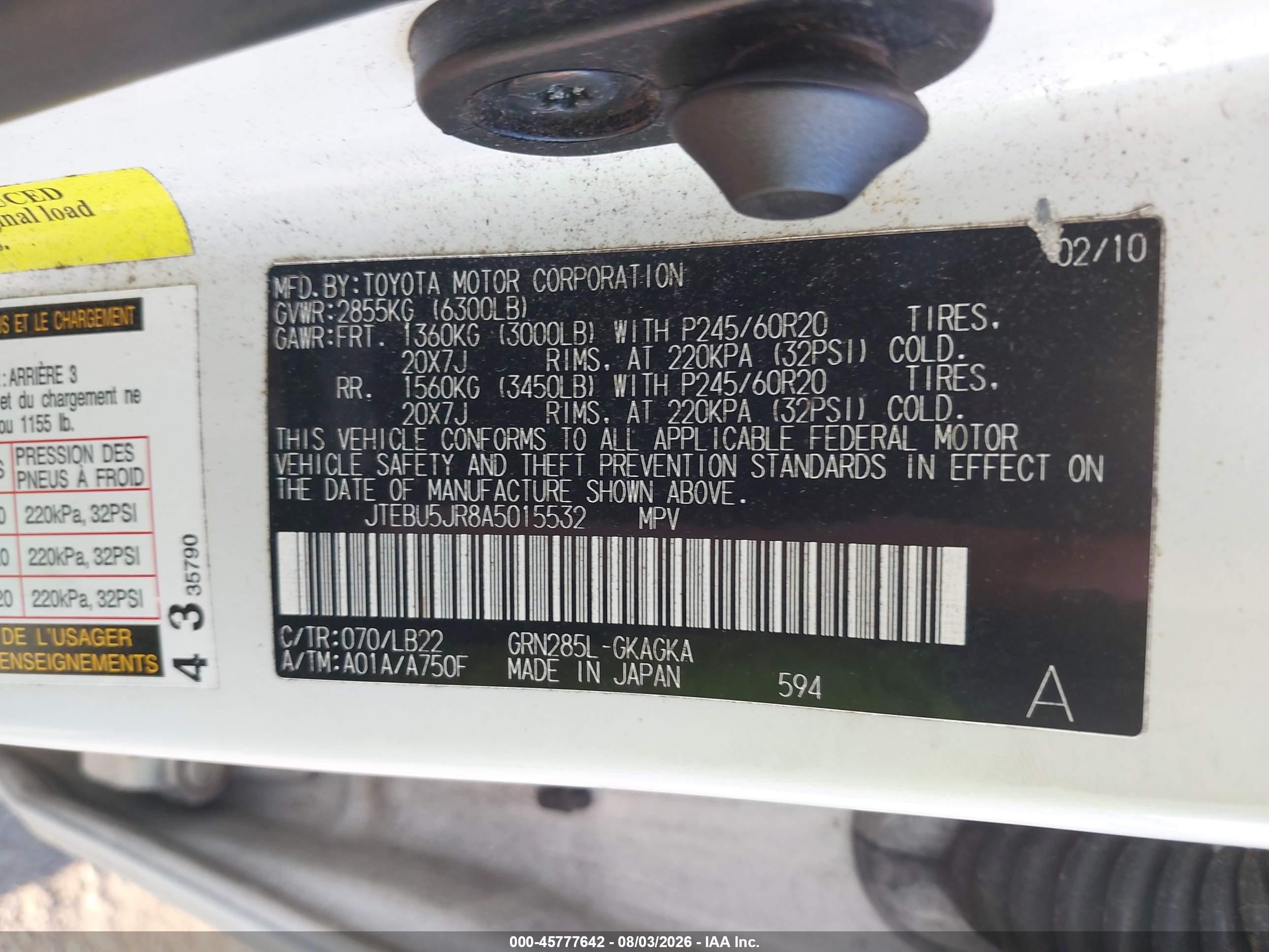 2010 Toyota 4runner Limited V6 White vin: JTEBU5JR8A5015532