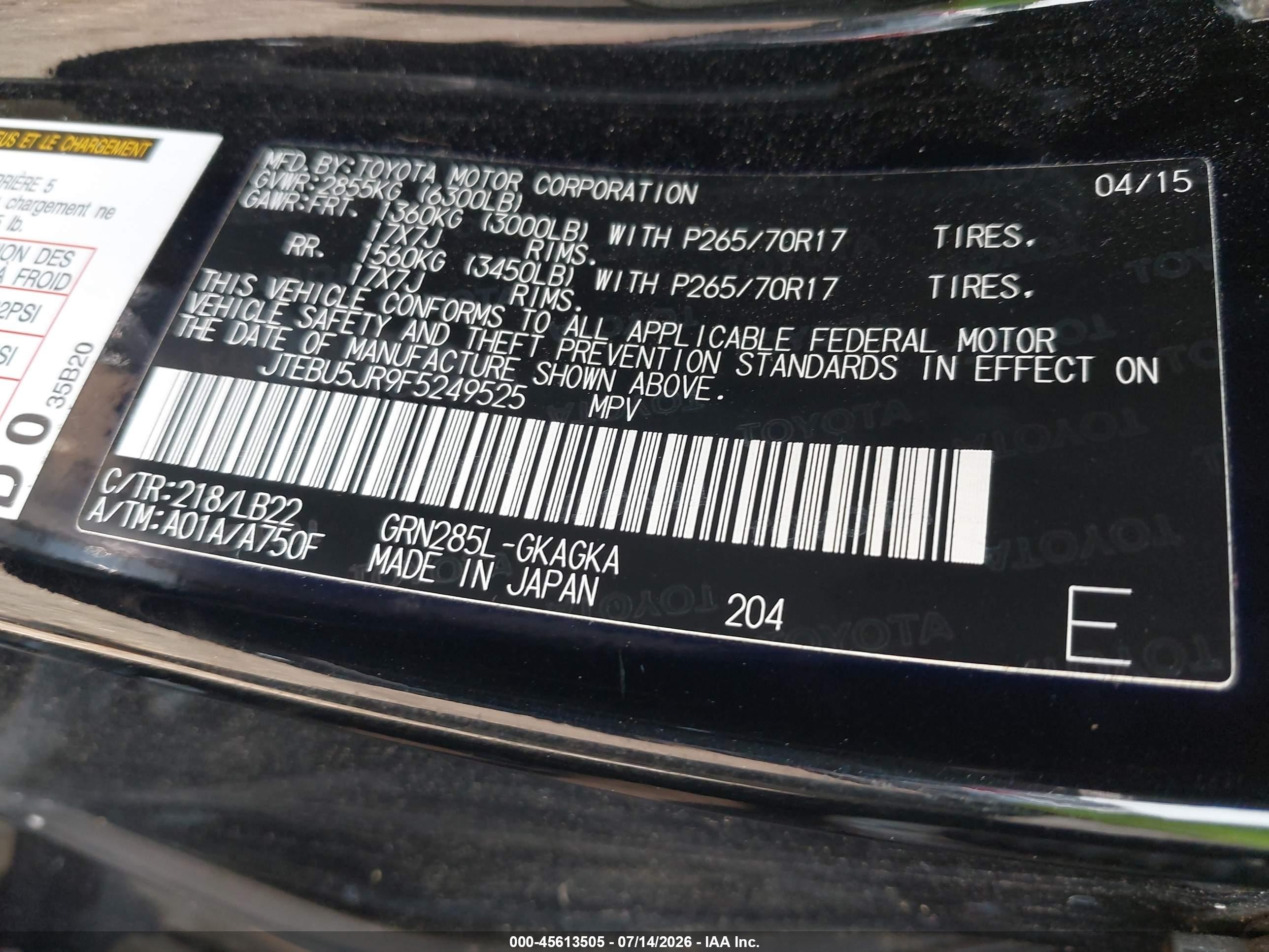 2015 Toyota 4runner   Black vin: JTEBU5JR9F5249525