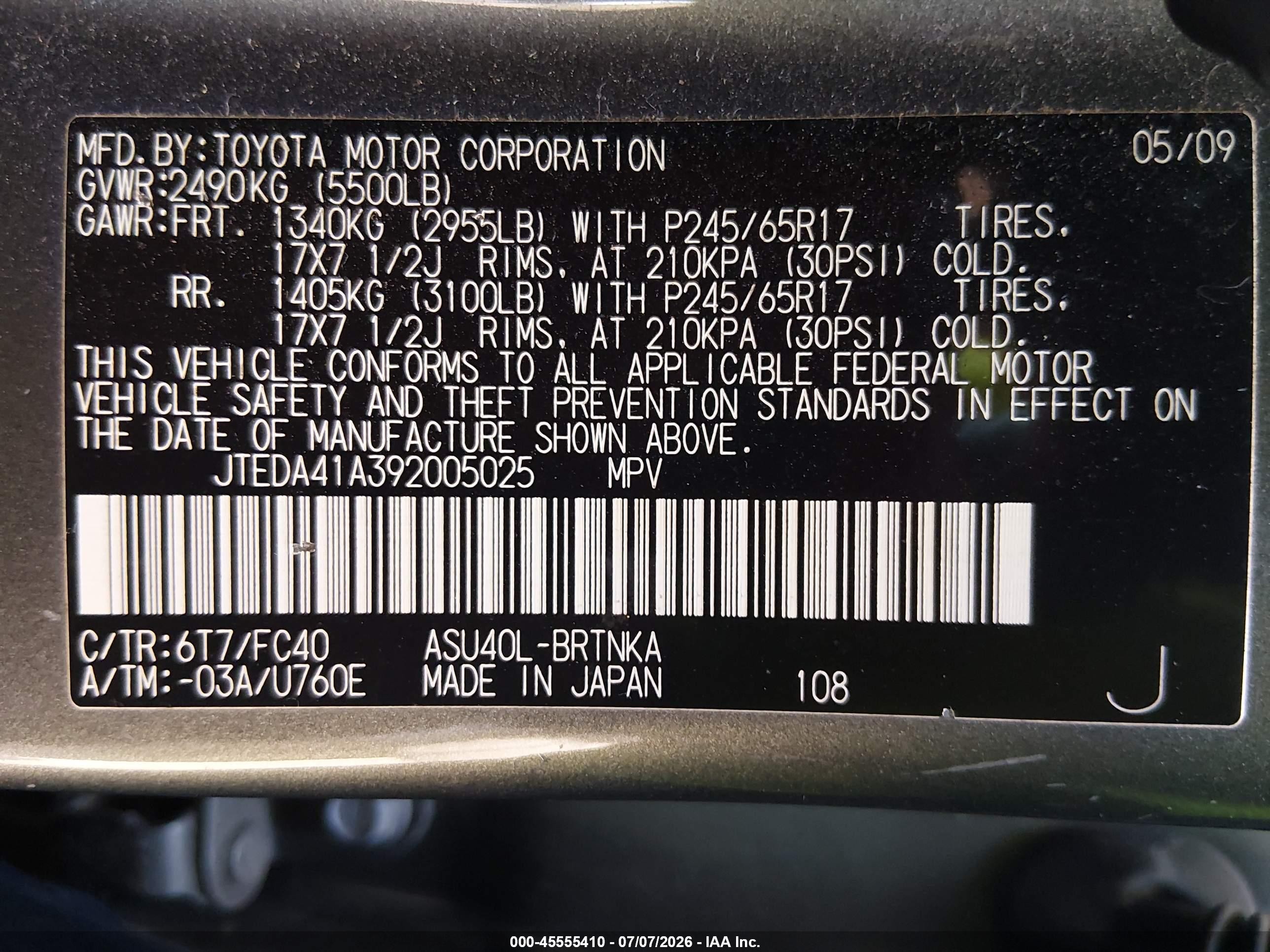 2009 Toyota Highlander   Green vin: JTEDA41A392005025