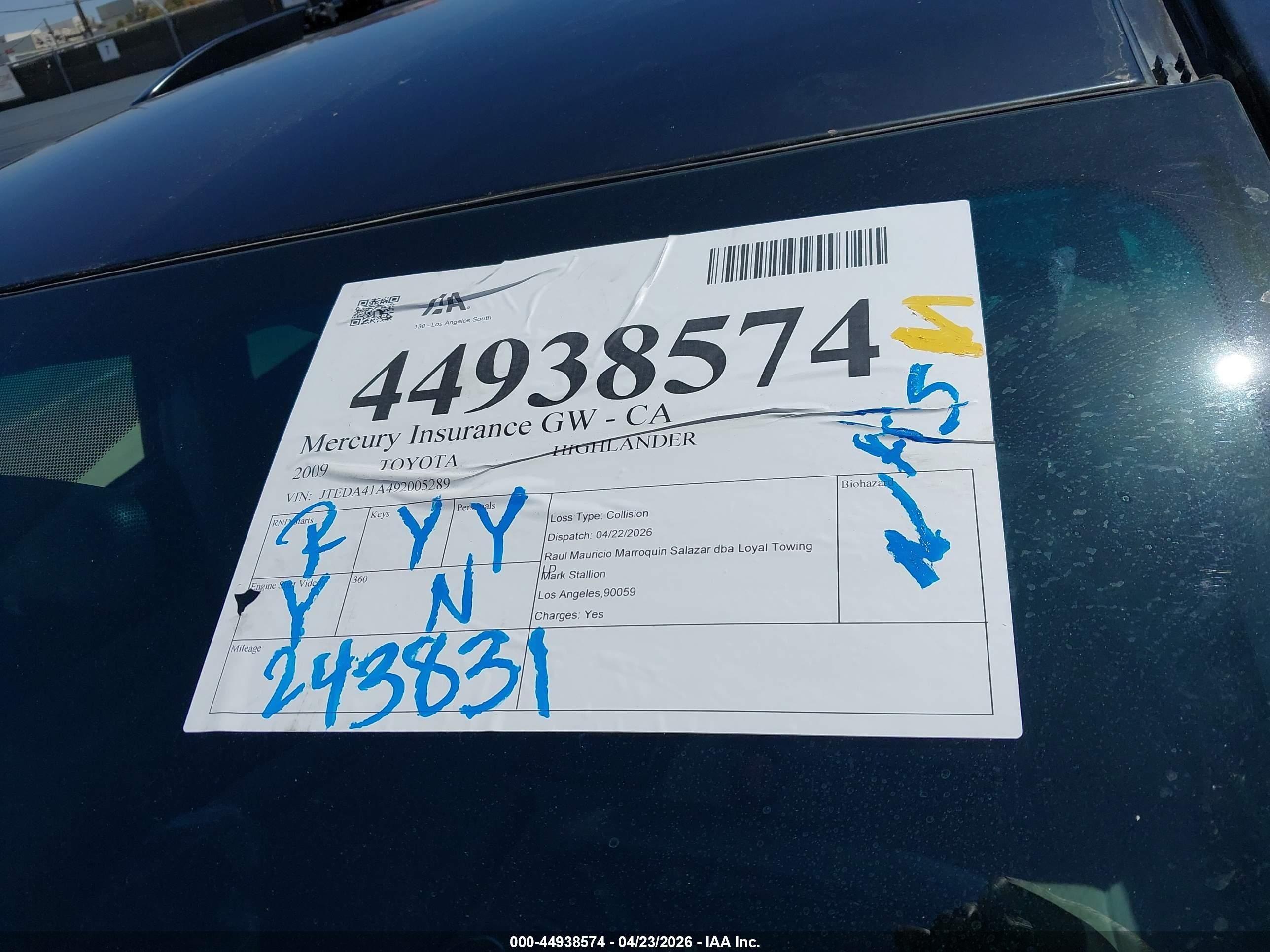 2009 Toyota Highlander   Black vin: JTEDA41A492005289
