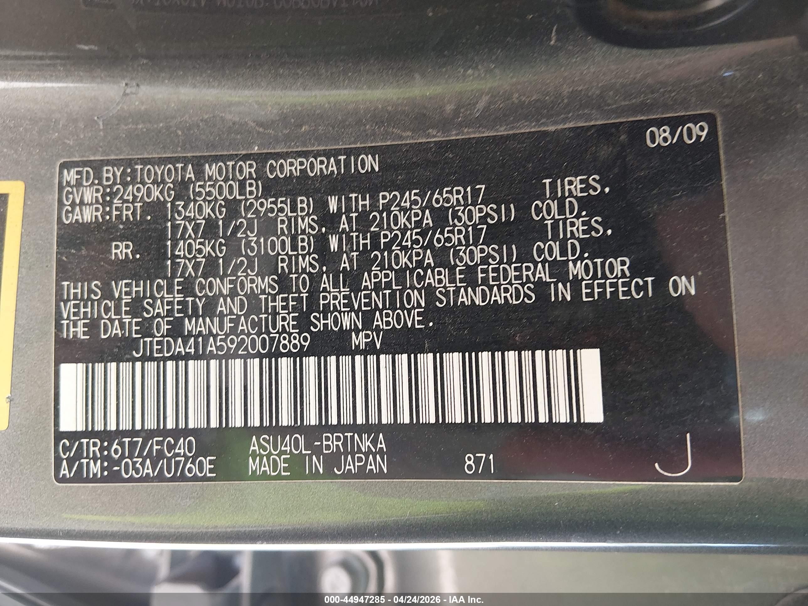 2009 Toyota Highlander   Gray vin: JTEDA41A592007889