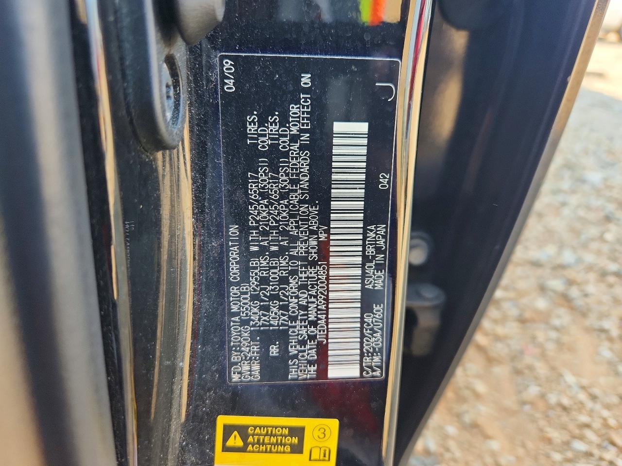 2009 Toyota Highlander Base Black vin: JTEDA41A992004851