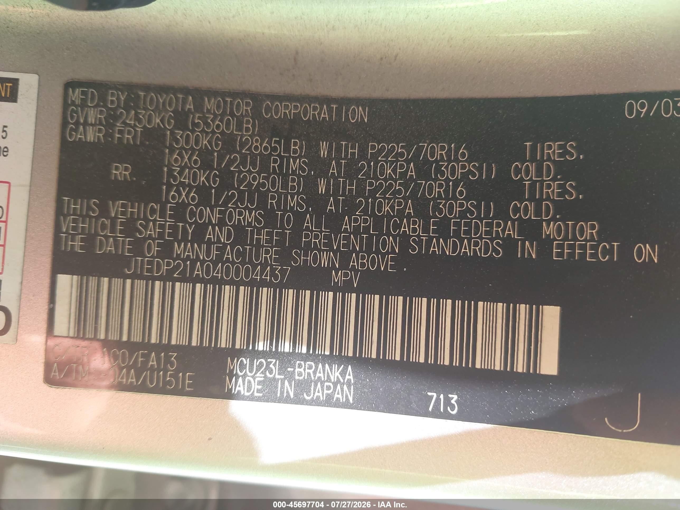 2004 Toyota Highlander V6 Silver vin: JTEDP21A040004437