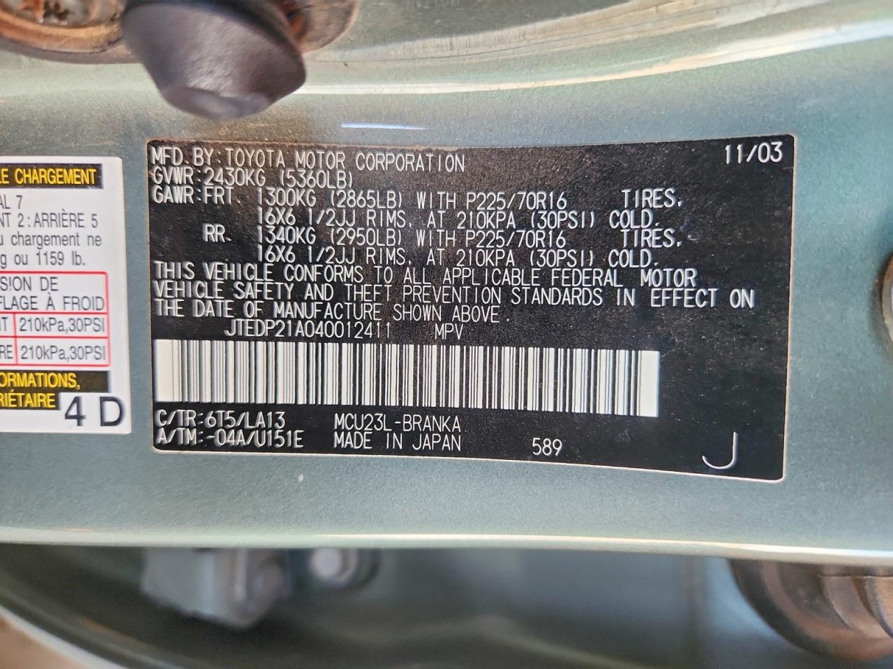 2004 Toyota Highlander Base Green vin: JTEDP21A040012411