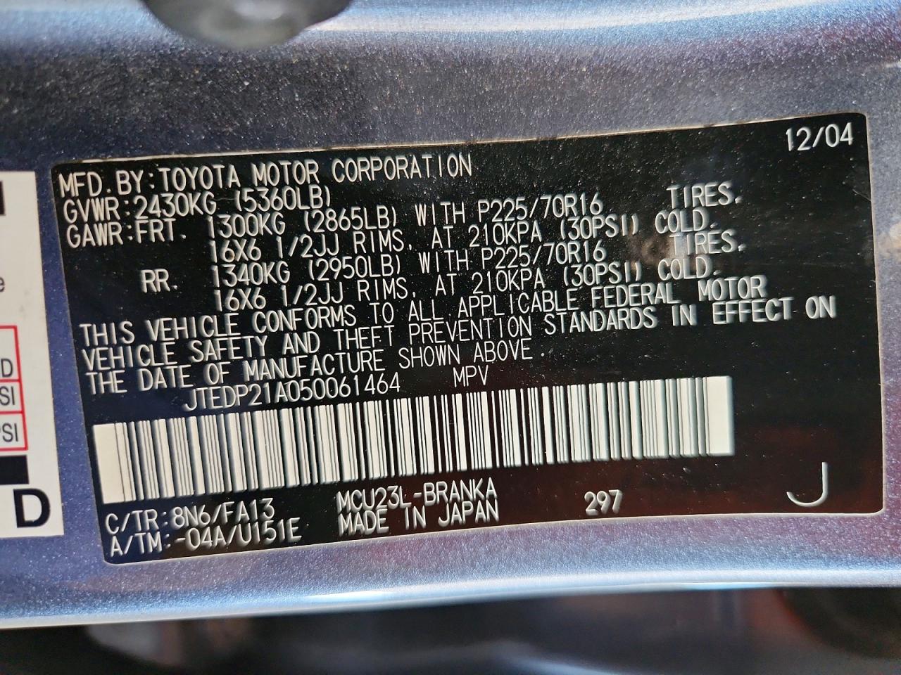 2005 Toyota Highlander Limited Gray vin: JTEDP21A050061464
