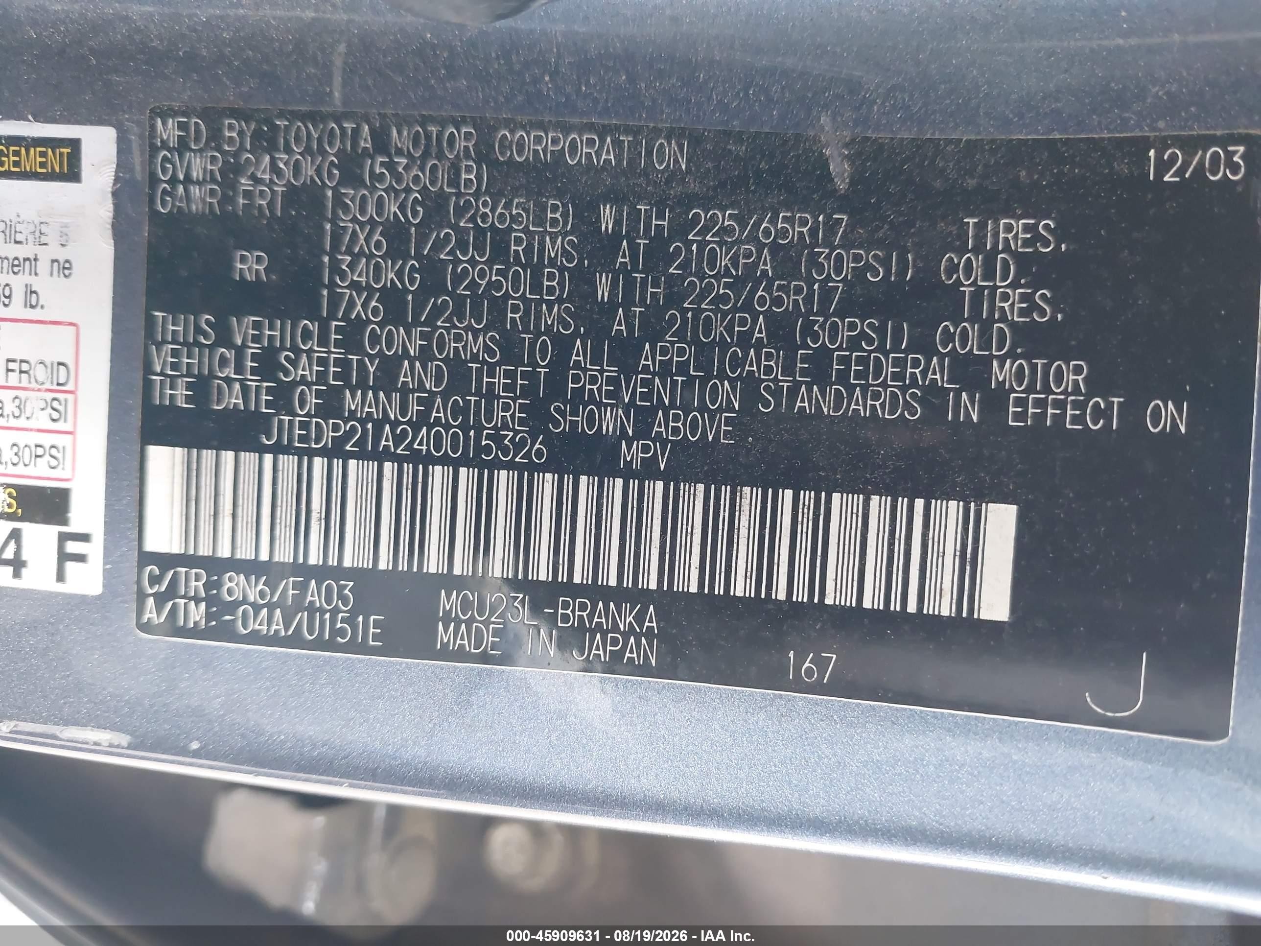 2004 Toyota Highlander Limited V6 Blue vin: JTEDP21A240015326
