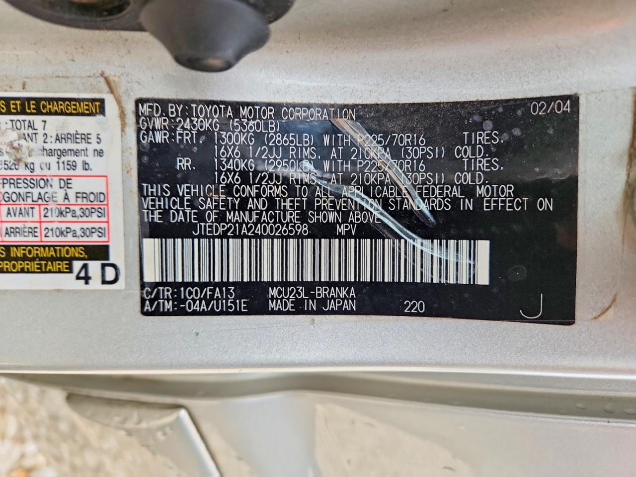 2004 Toyota Highlander Base Silver vin: JTEDP21A240026598