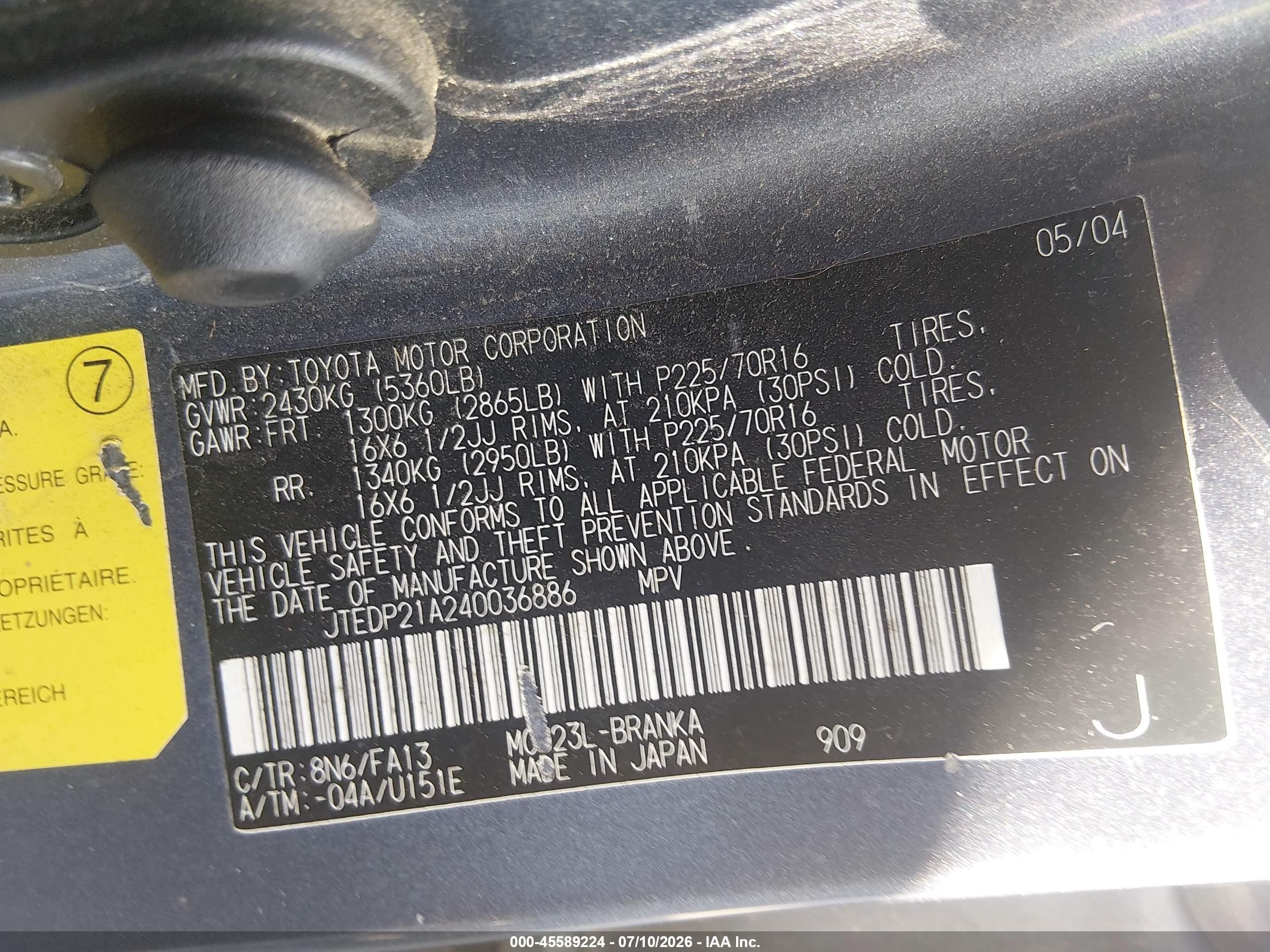 2004 Toyota Highlander V6 Blue vin: JTEDP21A240036886