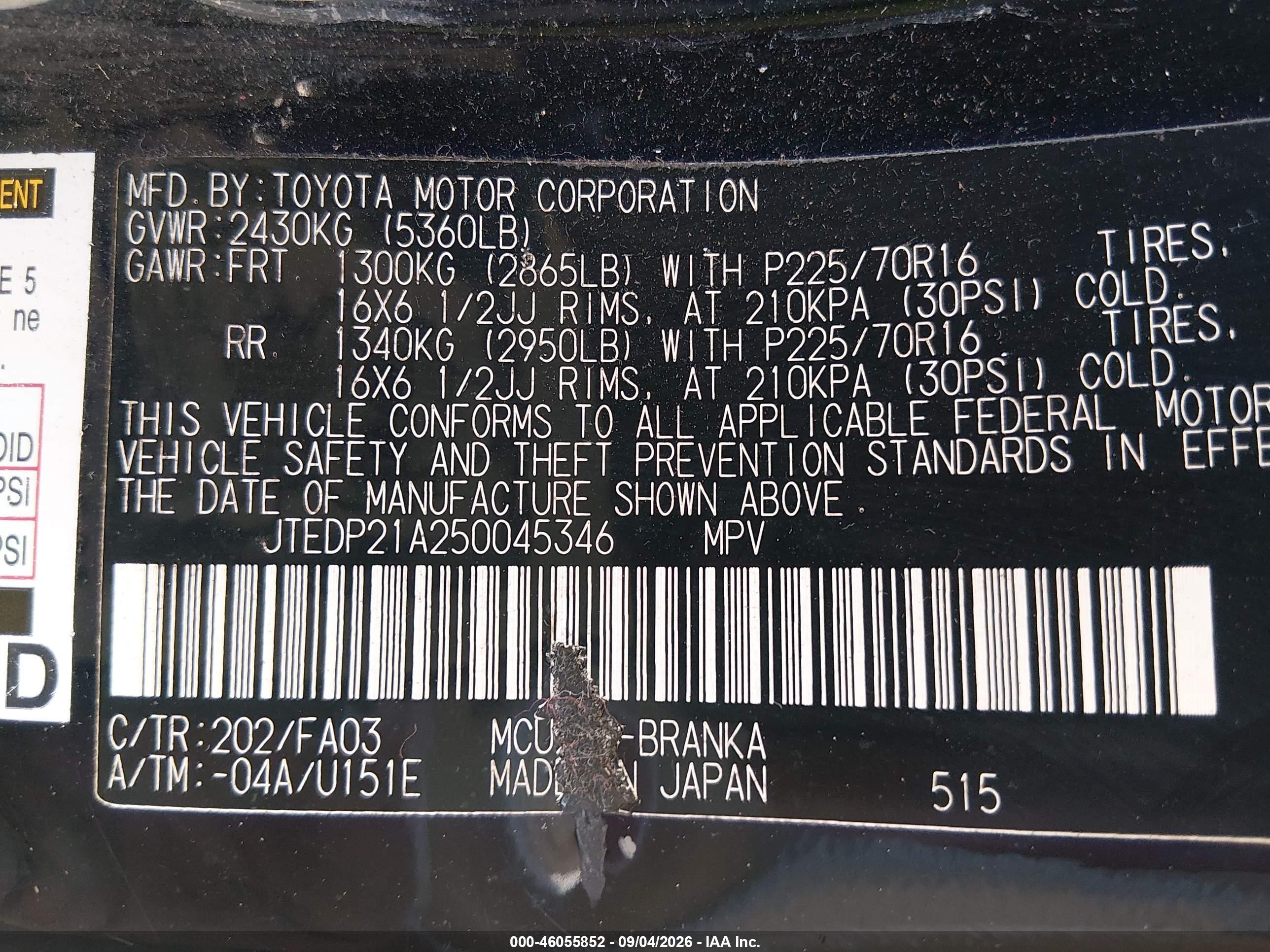 2005 Toyota Highlander V6 Black vin: JTEDP21A250045346