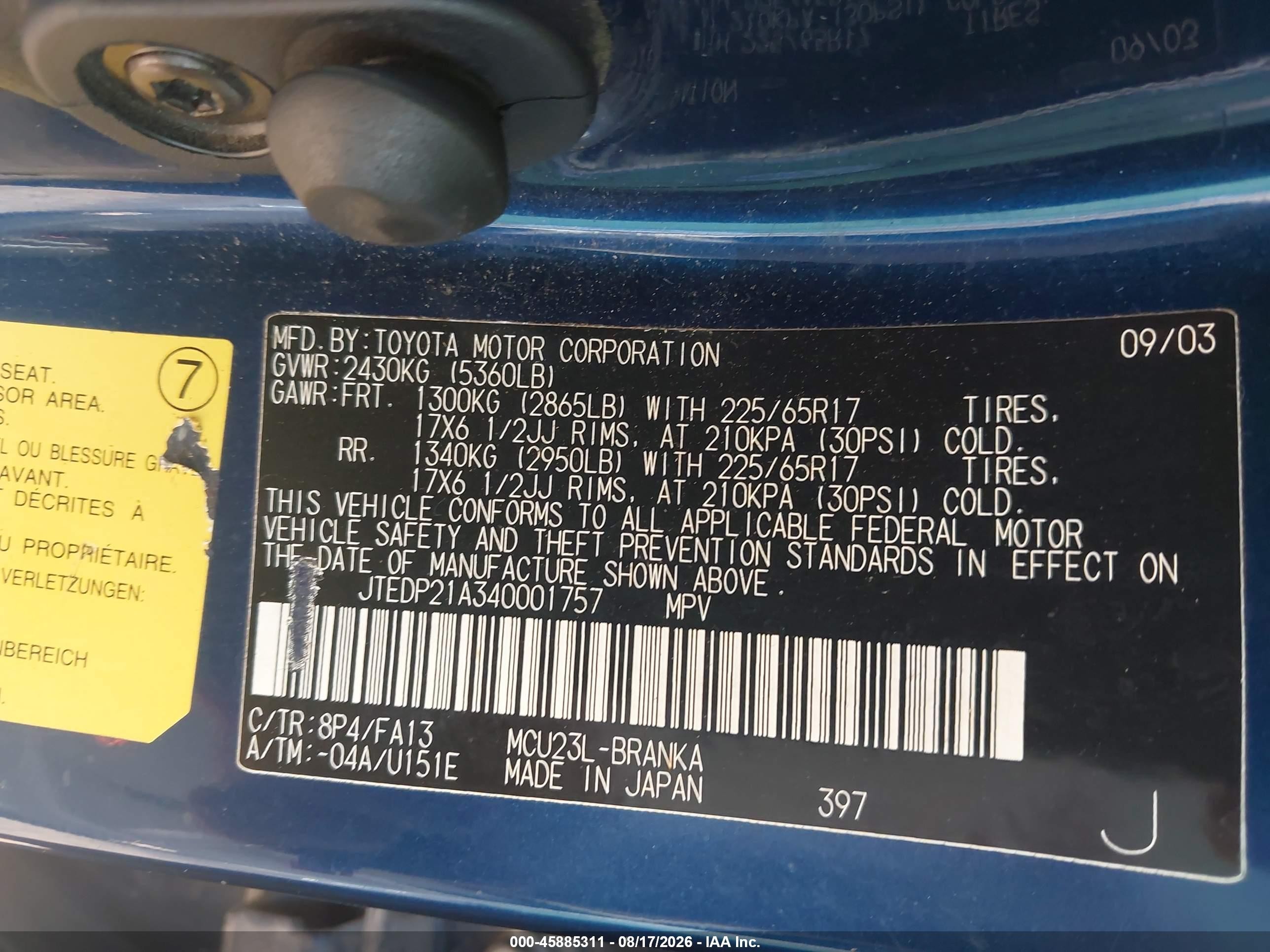 2004 Toyota Highlander Limited V6 Blue vin: JTEDP21A340001757