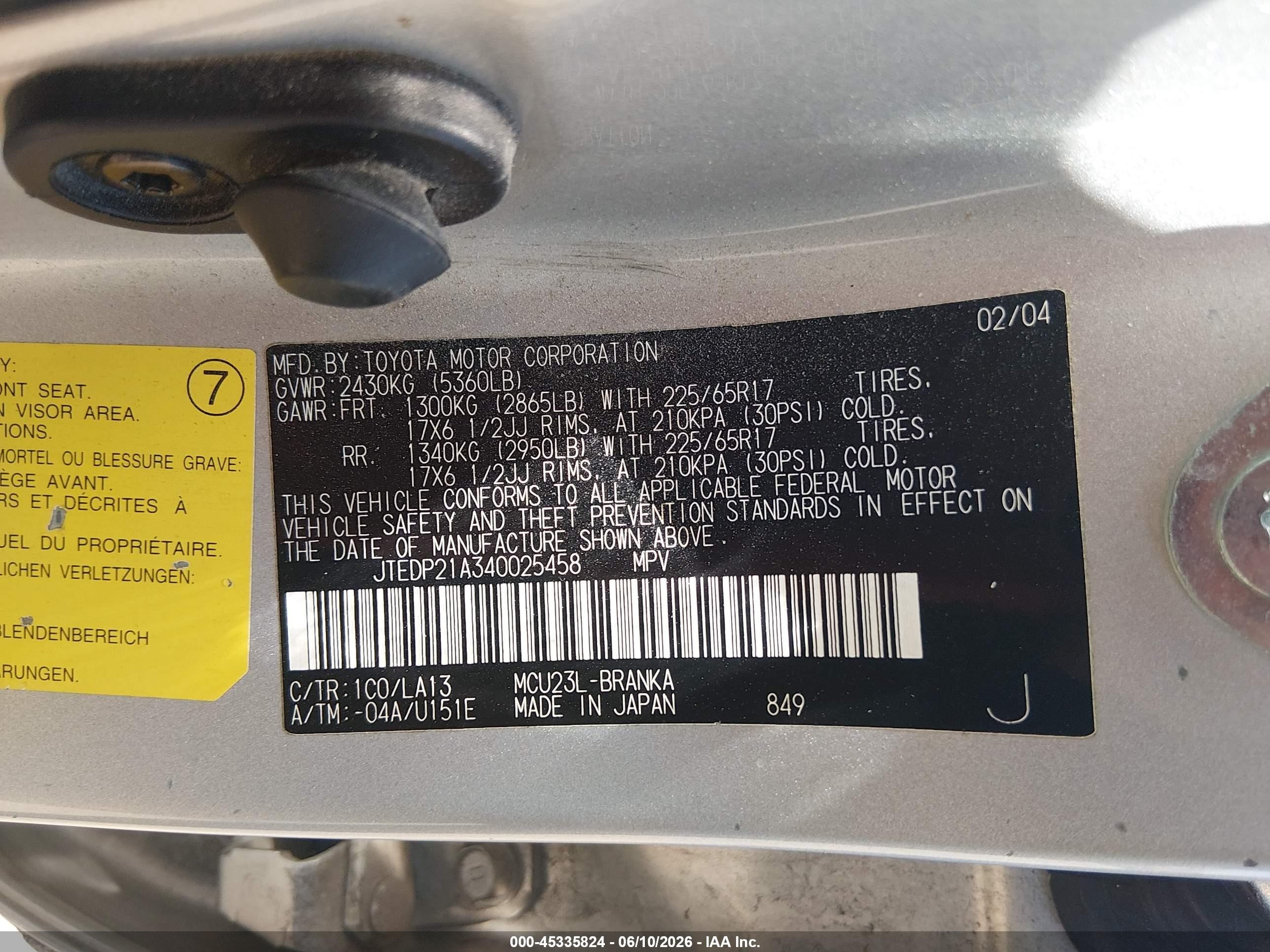 2004 Toyota Highlander Limited V6 Silver vin: JTEDP21A340025458