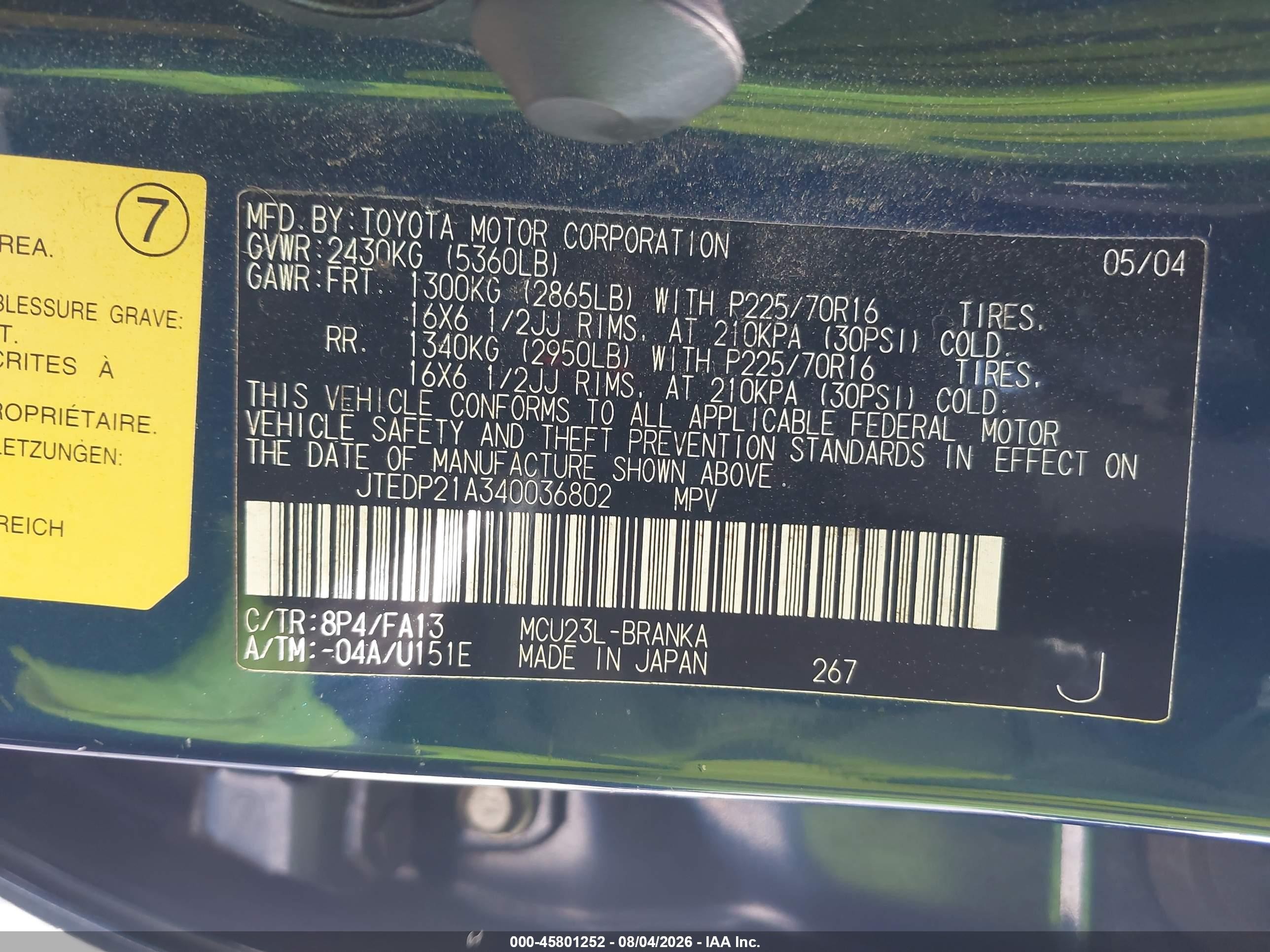 2004 Toyota Highlander V6 Blue vin: JTEDP21A340036802