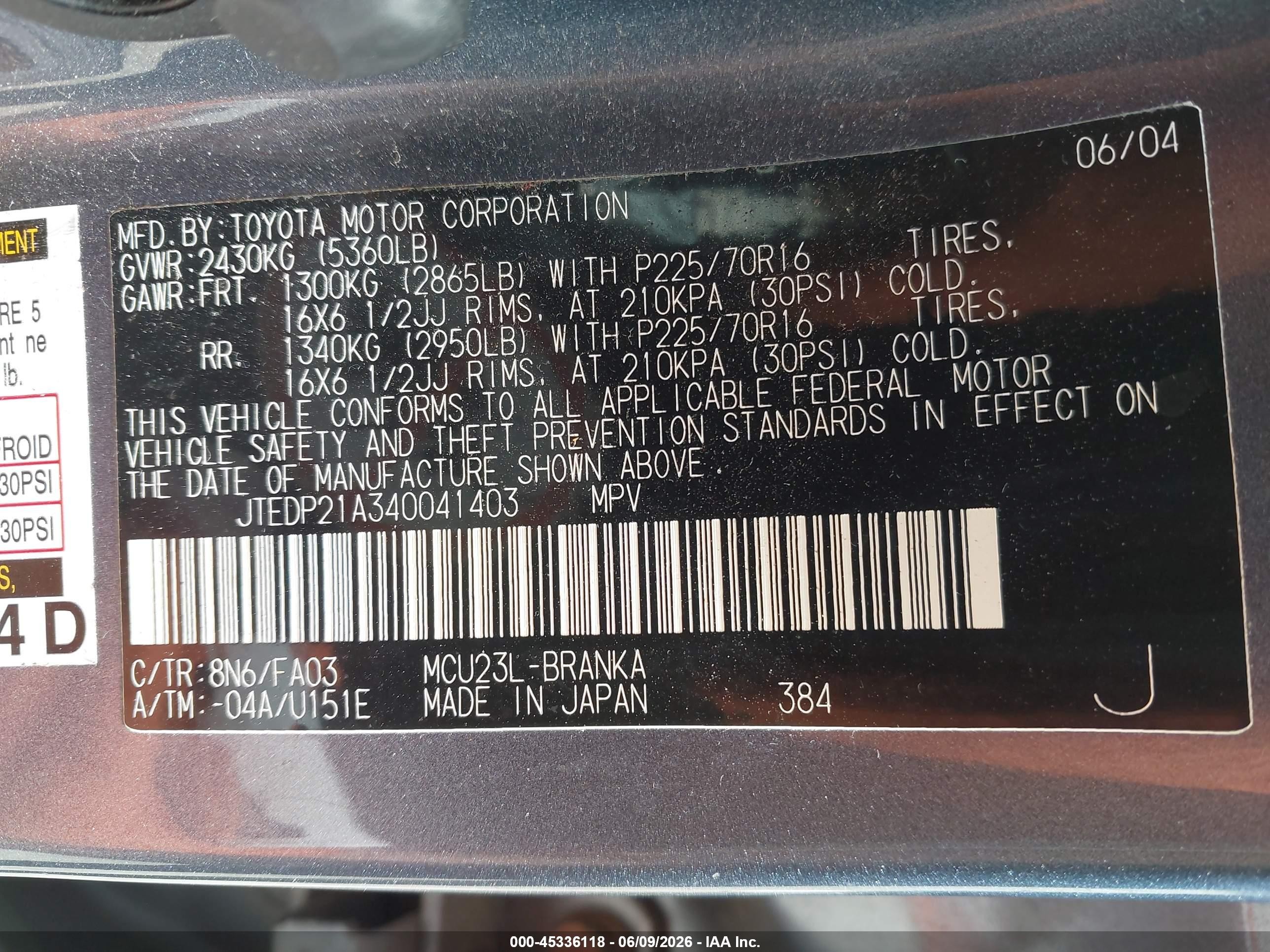2004 Toyota Highlander V6 Light Blue vin: JTEDP21A340041403