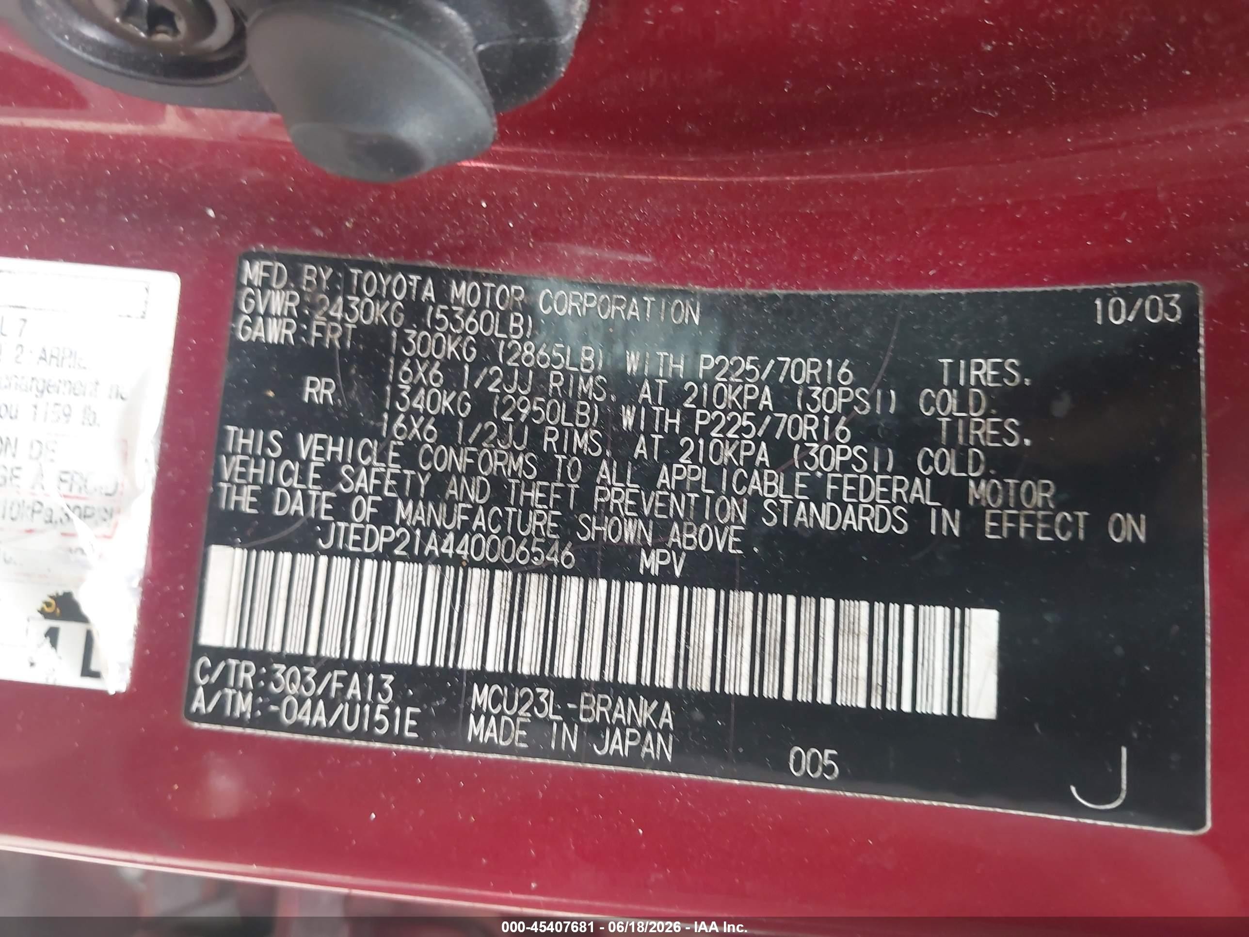 2004 Toyota Highlander V6 Red vin: JTEDP21A440006546