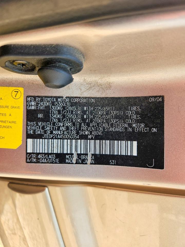 2005 Toyota Highlander Limited Gold vin: JTEDP21A450050354