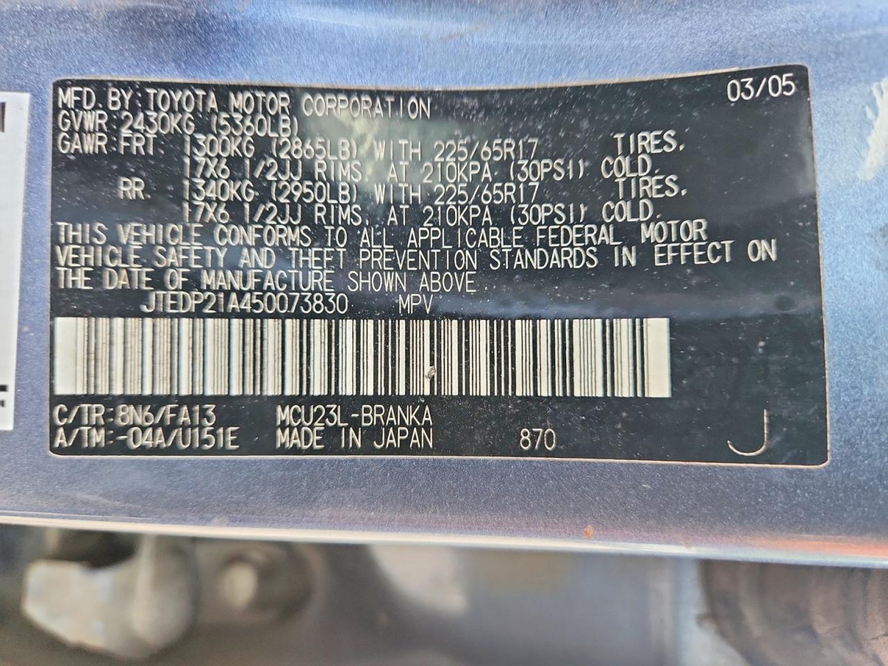 2005 Toyota Highlander Limited Blue vin: JTEDP21A450073830