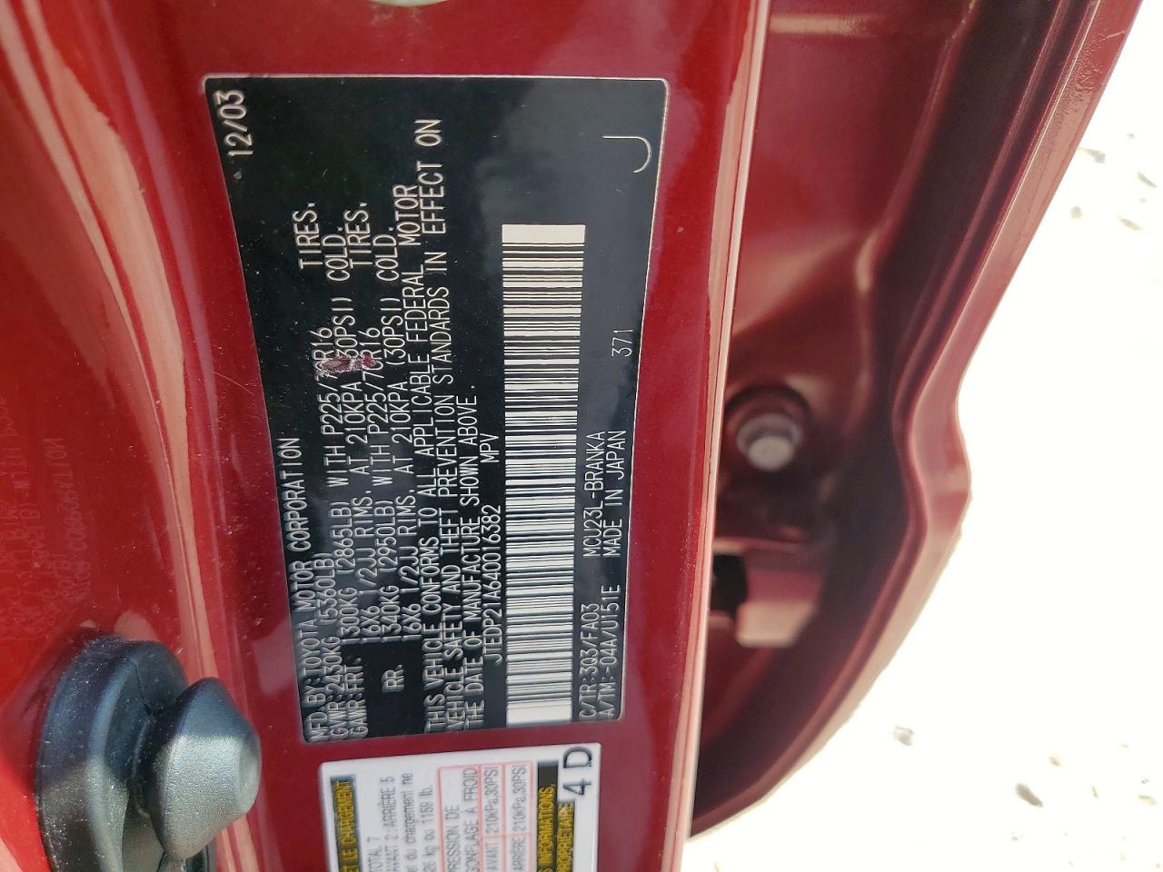 2004 Toyota Highlander Base Red vin: JTEDP21A640016382