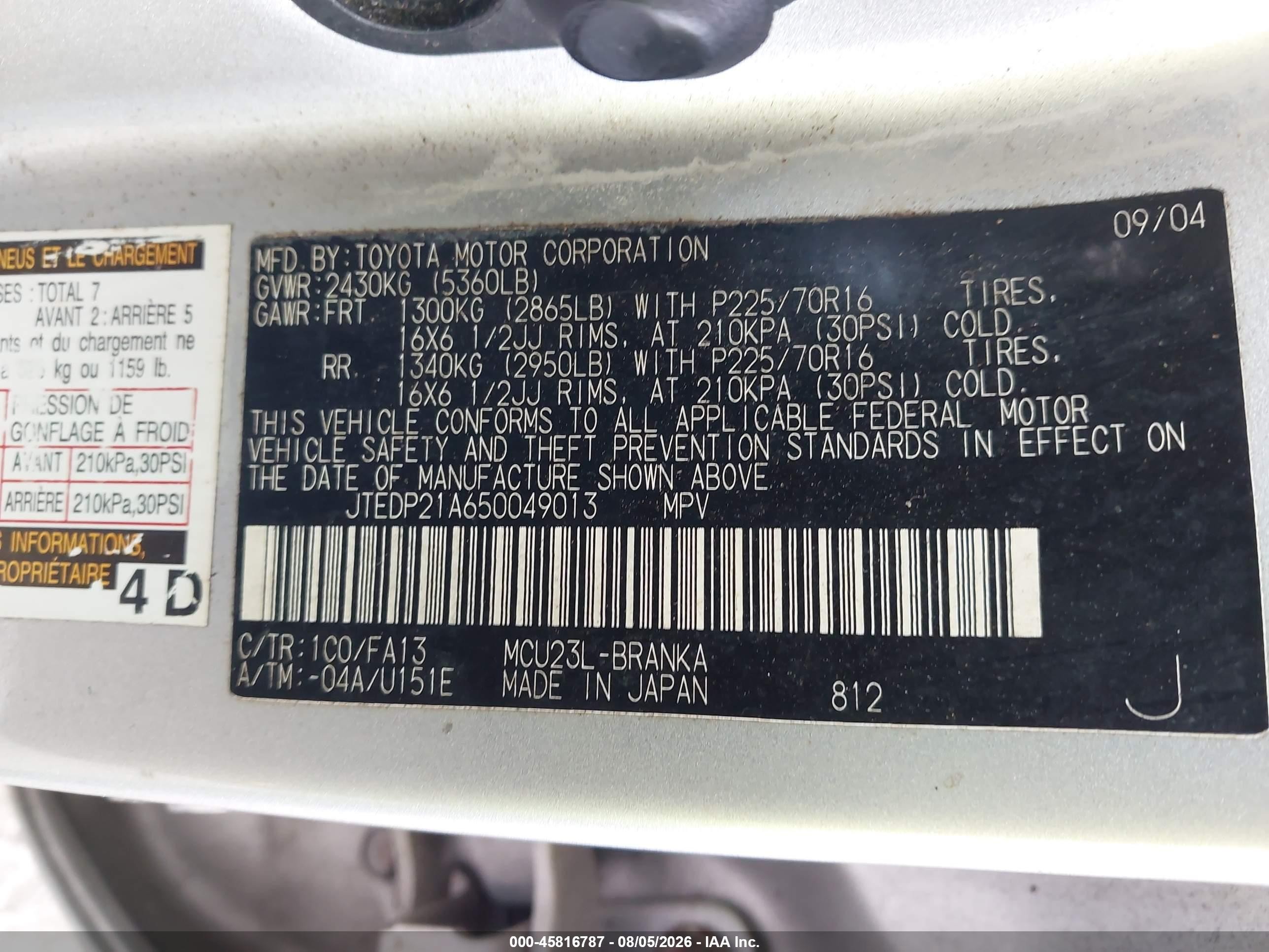 2005 Toyota Highlander V6 Silver vin: JTEDP21A650049013