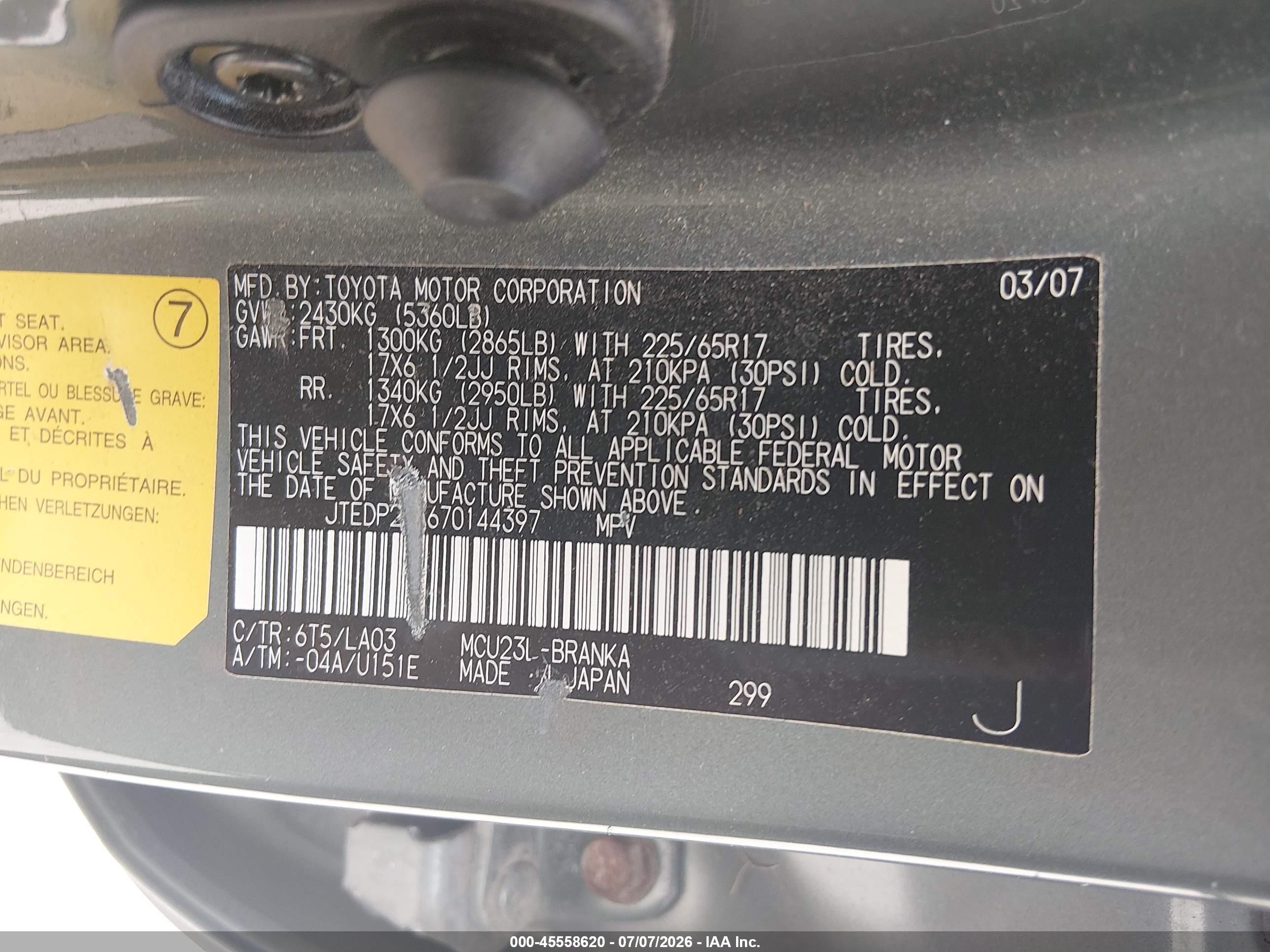 2007 Toyota Highlander Limited W/3rd Row Green vin: JTEDP21A670144397