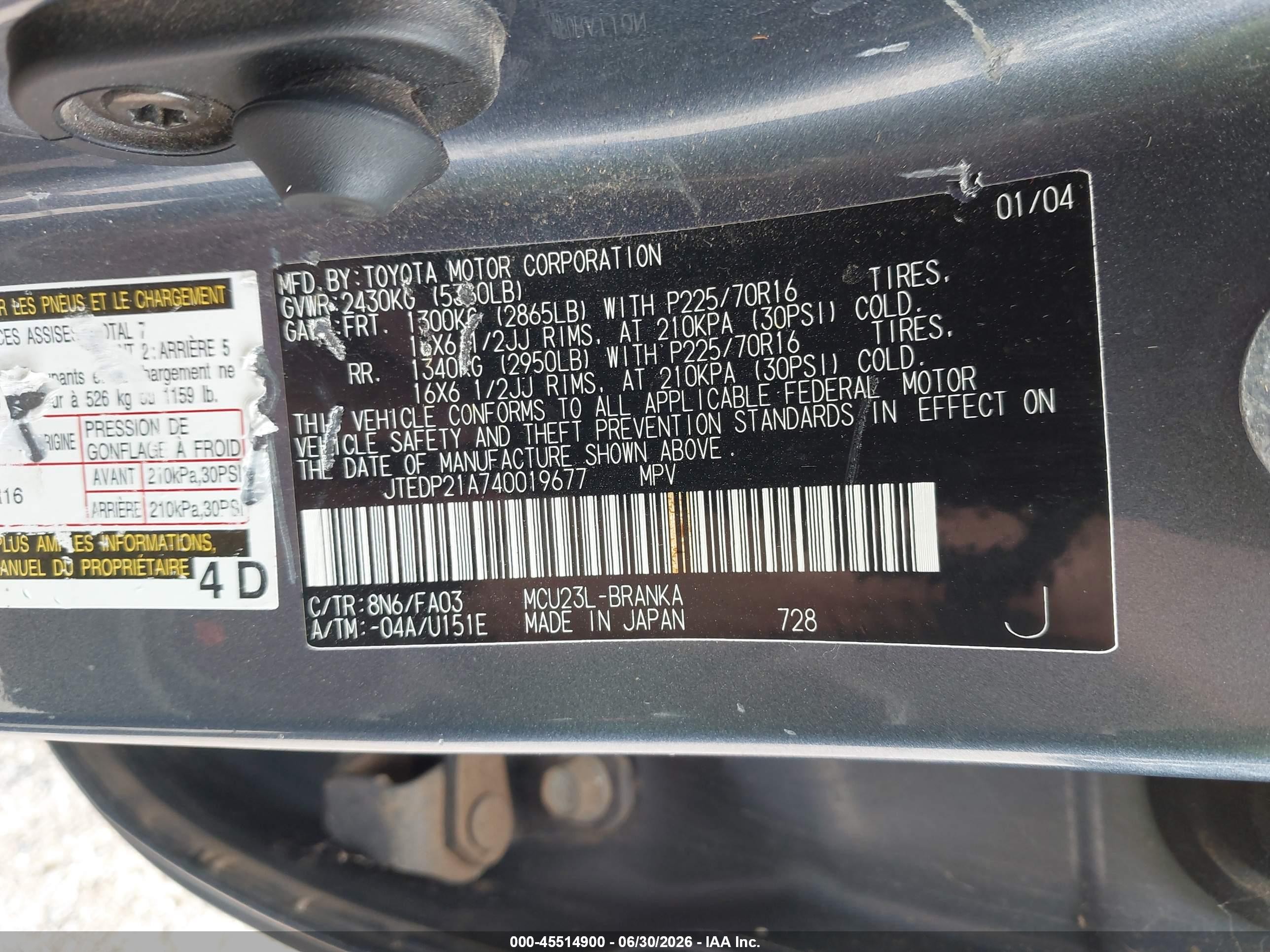 2004 Toyota Highlander V6 Blue vin: JTEDP21A740019677