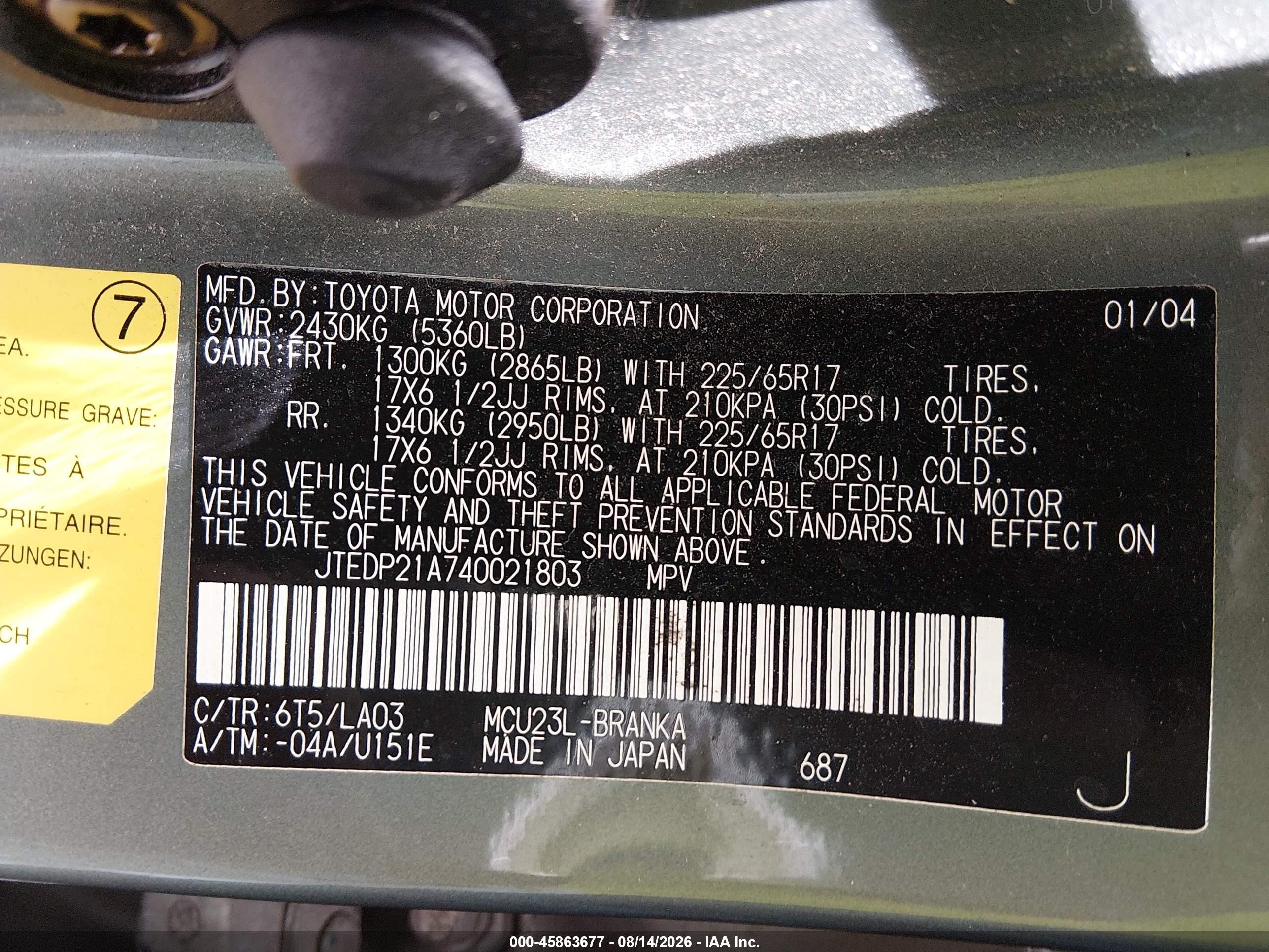 2004 Toyota Highlander Limited V6 Green vin: JTEDP21A740021803