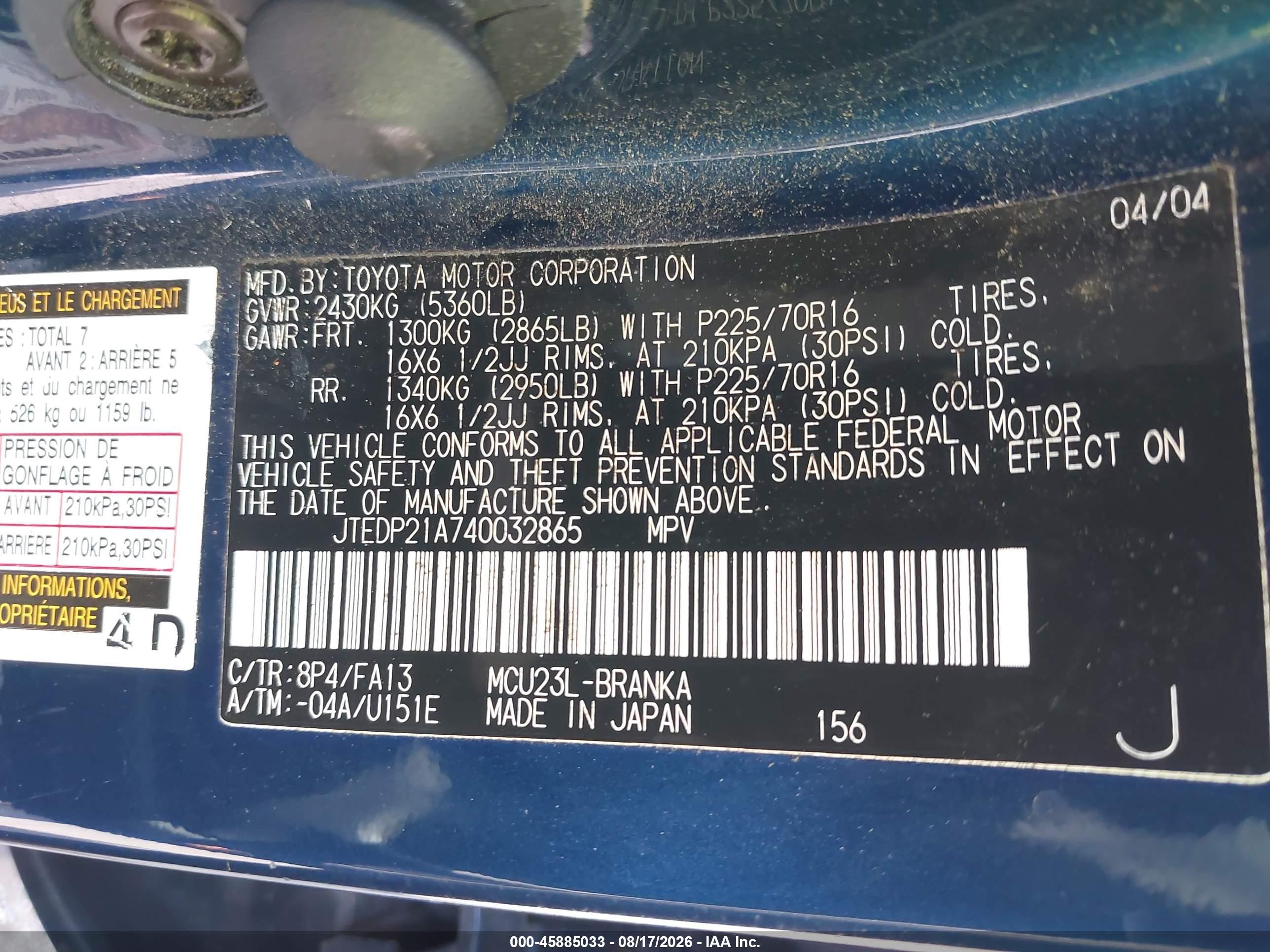 2004 Toyota Highlander V6 Blue vin: JTEDP21A740032865