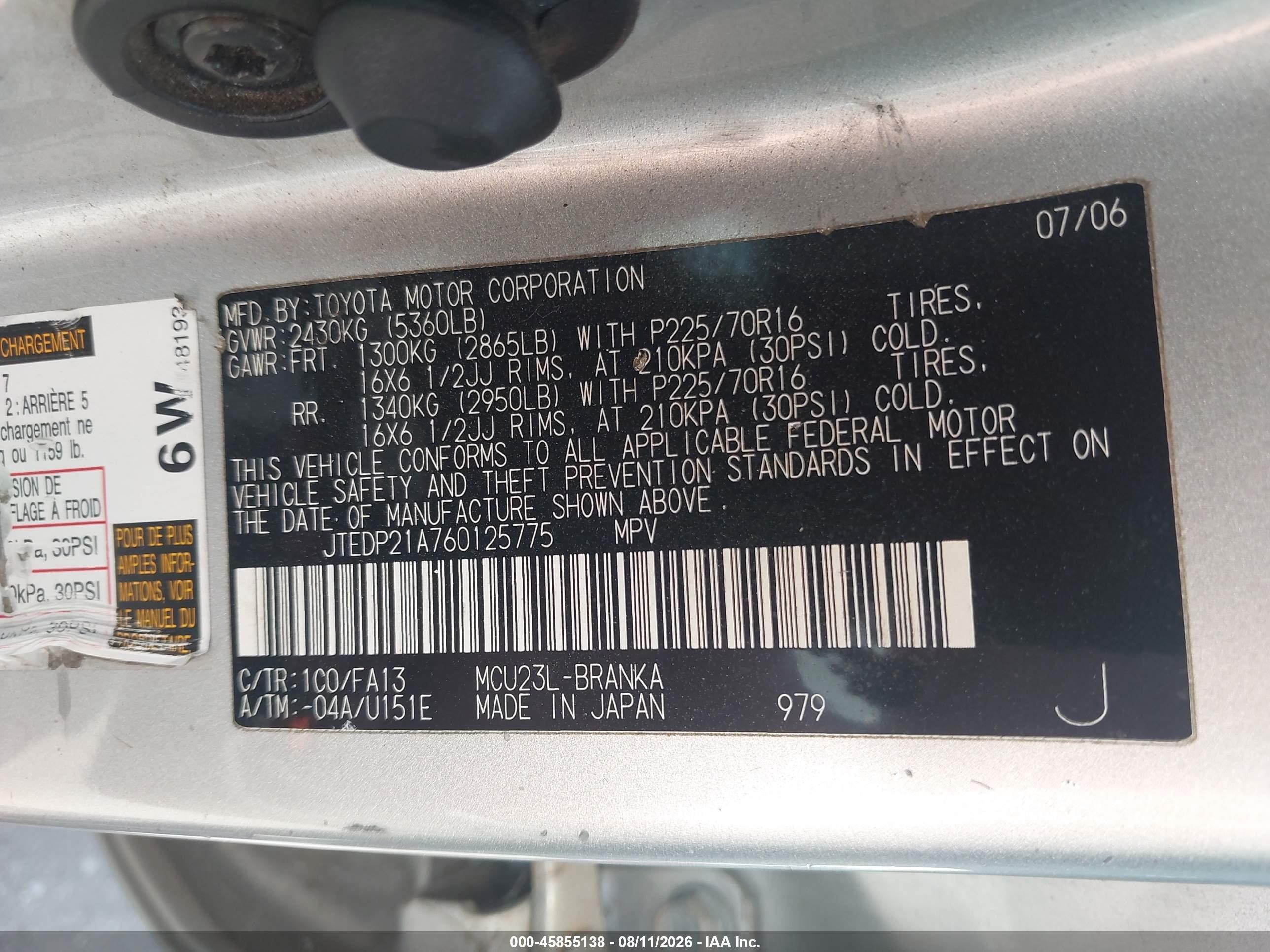 2006 Toyota Highlander V6 Silver vin: JTEDP21A760125775