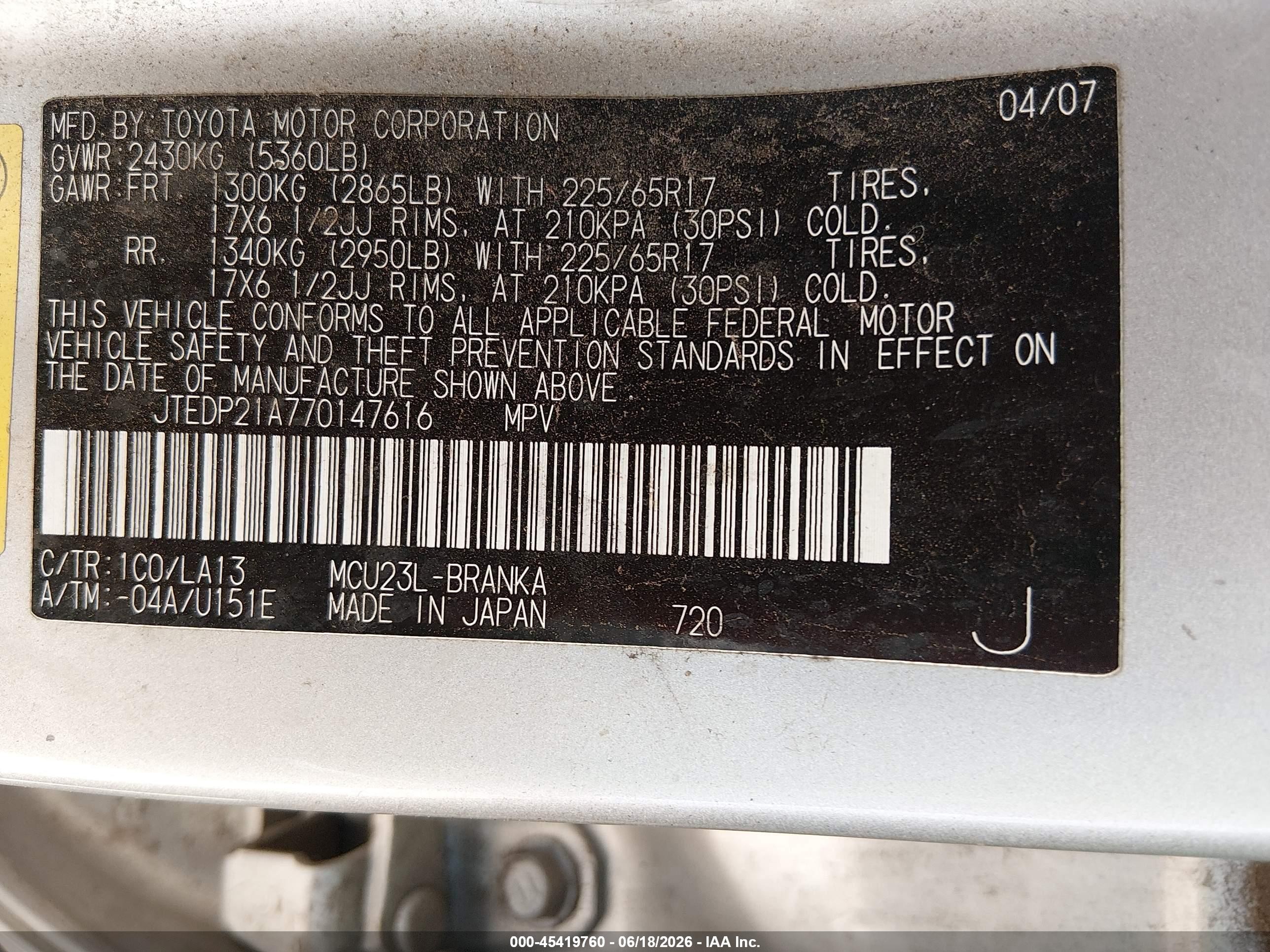 2007 Toyota Highlander Limited W/3rd Row Silver vin: JTEDP21A770147616