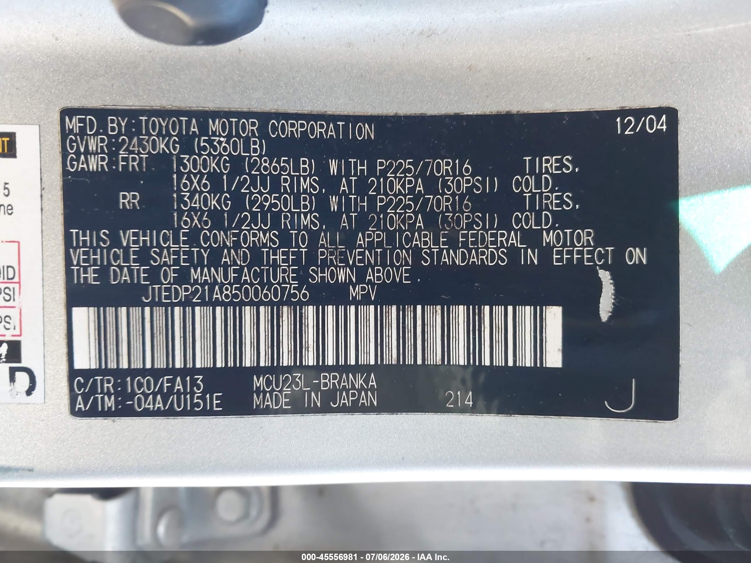 2005 Toyota Highlander V6 Silver vin: JTEDP21A850060756