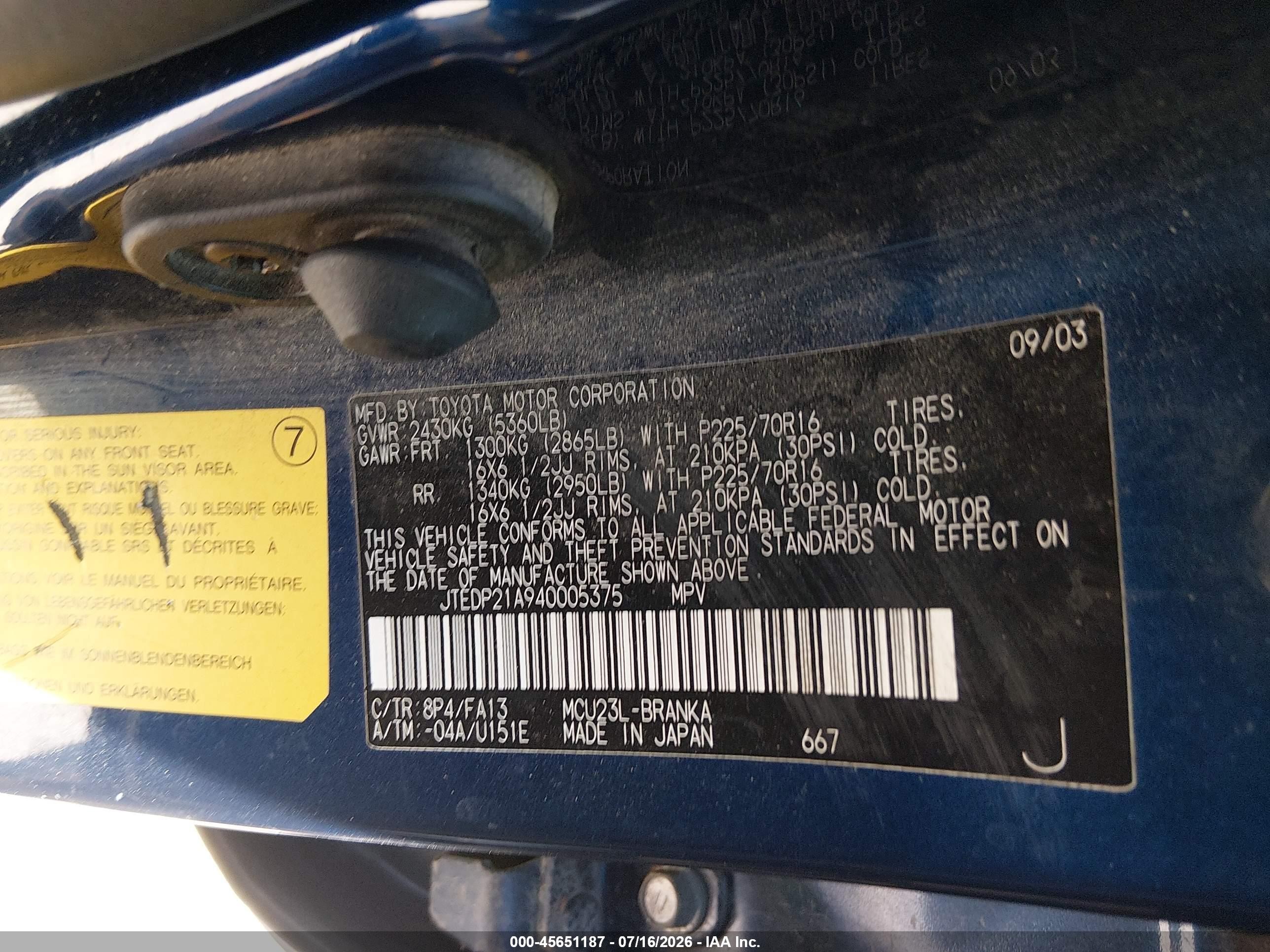 2004 Toyota Highlander V6 Blue vin: JTEDP21A940005375