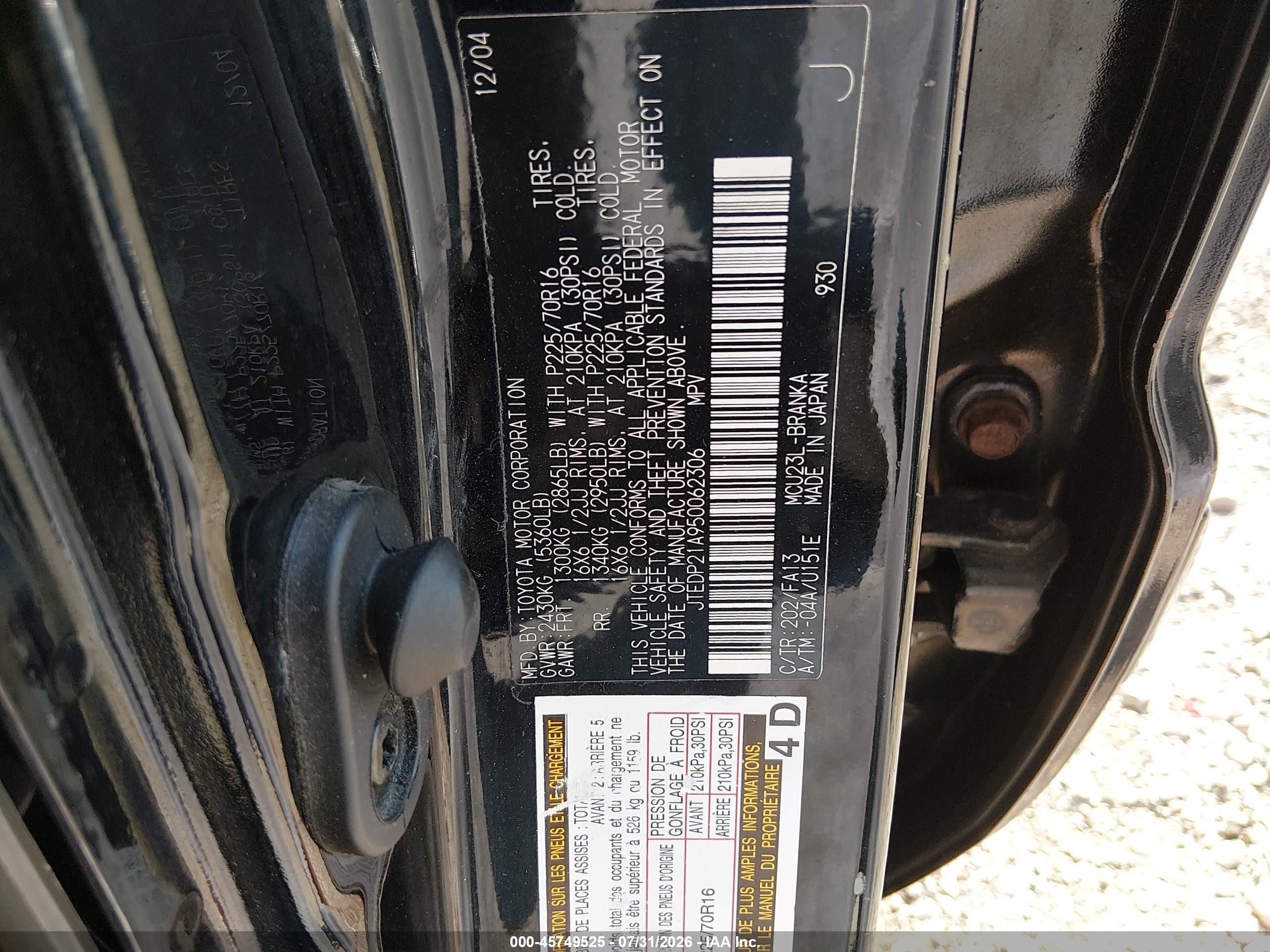 2005 Toyota Highlander V6 Black vin: JTEDP21A950062306