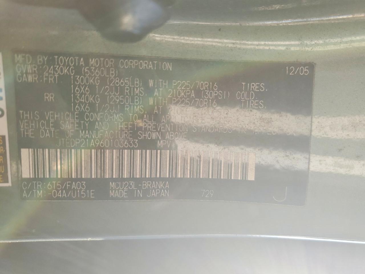 2006 Toyota Highlander Limited Green vin: JTEDP21A960103633