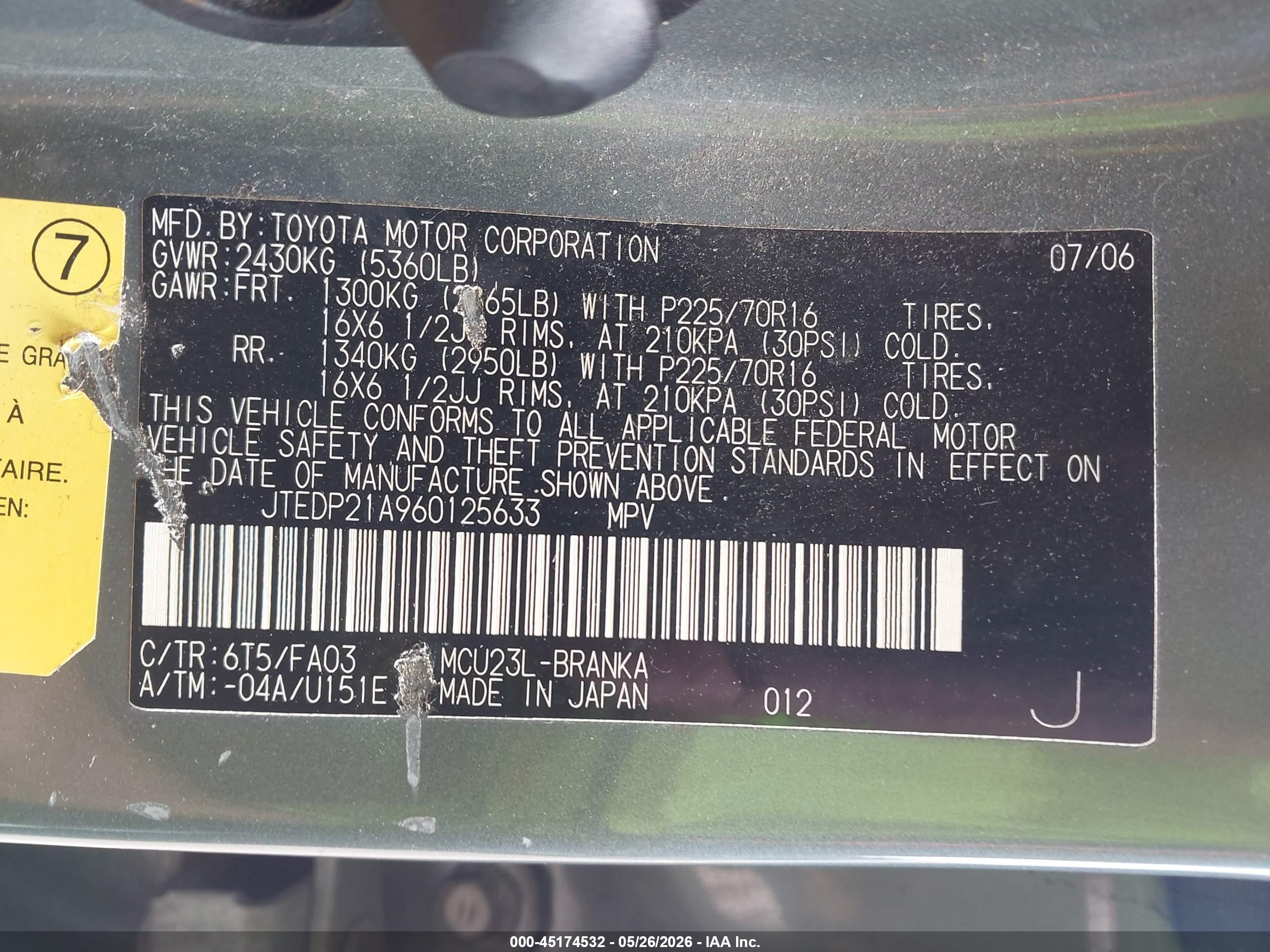 2006 Toyota Highlander V6 Green vin: JTEDP21A960125633