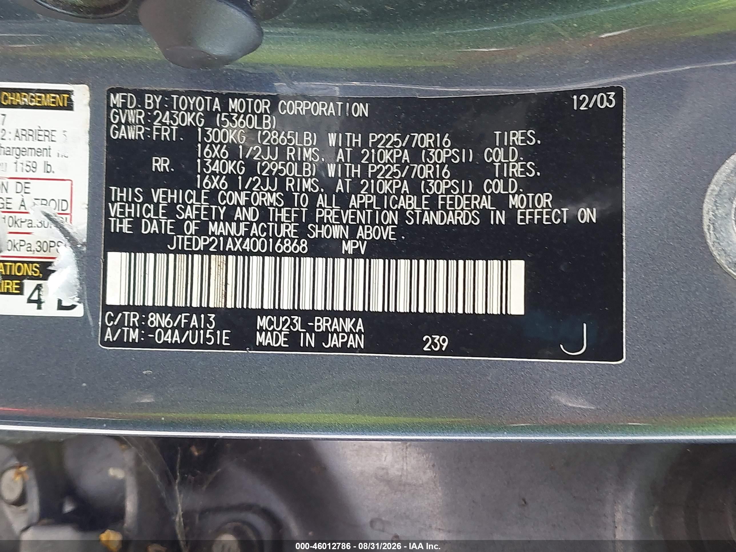 2004 Toyota Highlander V6 Gray vin: JTEDP21AX40016868