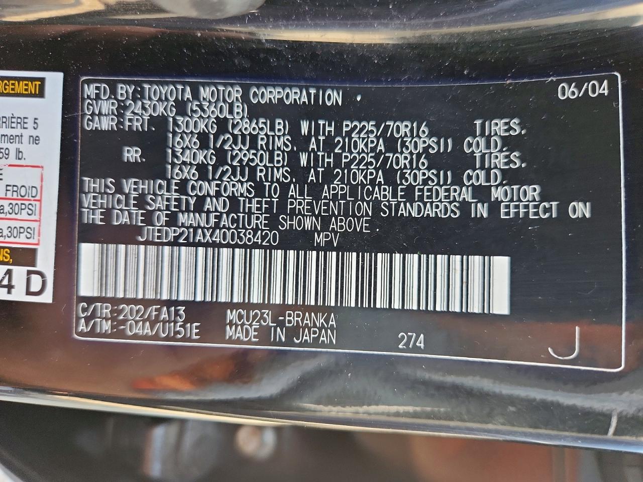 2004 Toyota Highlander Base Black vin: JTEDP21AX40038420