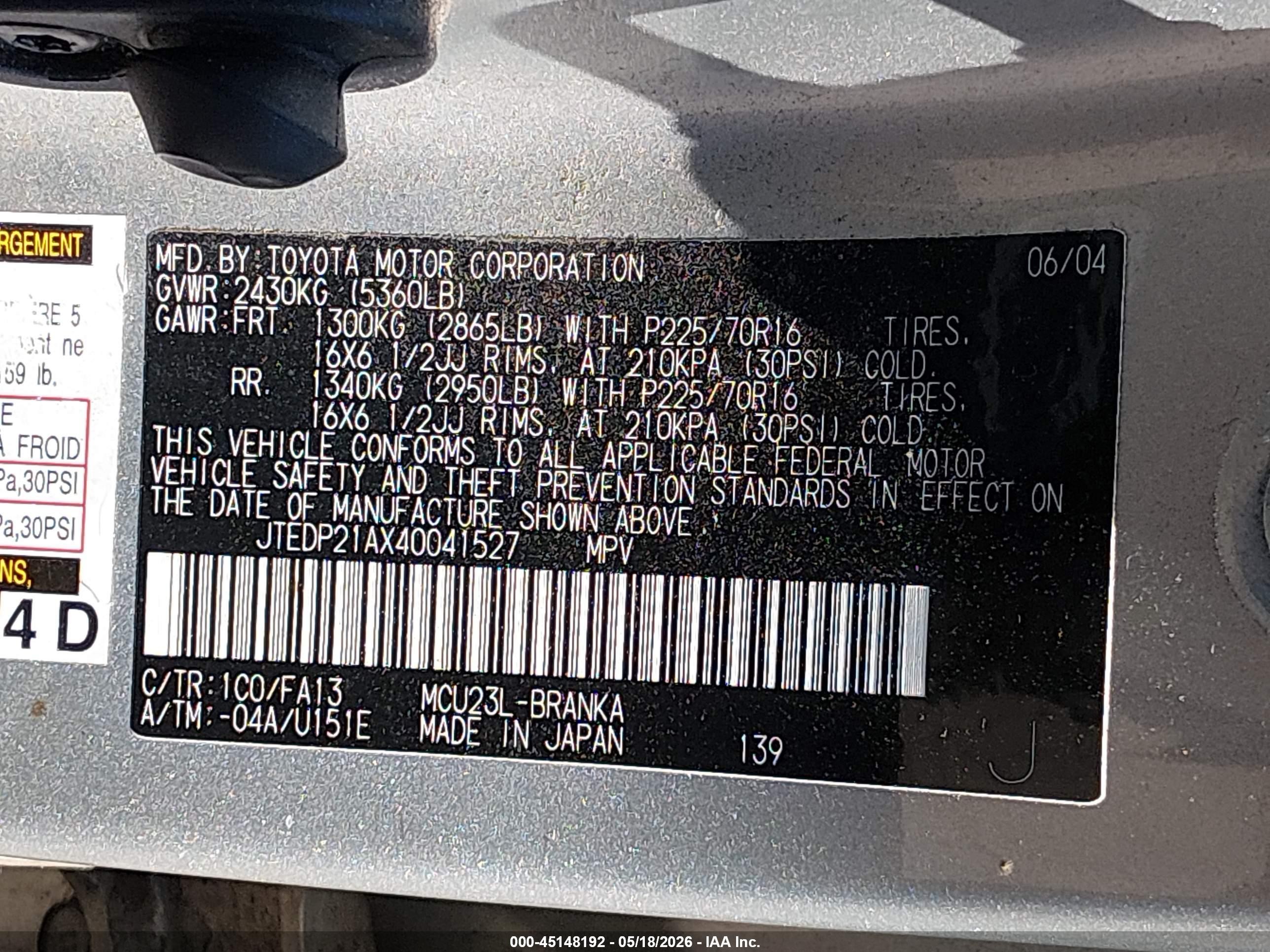 2004 Toyota Highlander V6 Silver vin: JTEDP21AX40041527