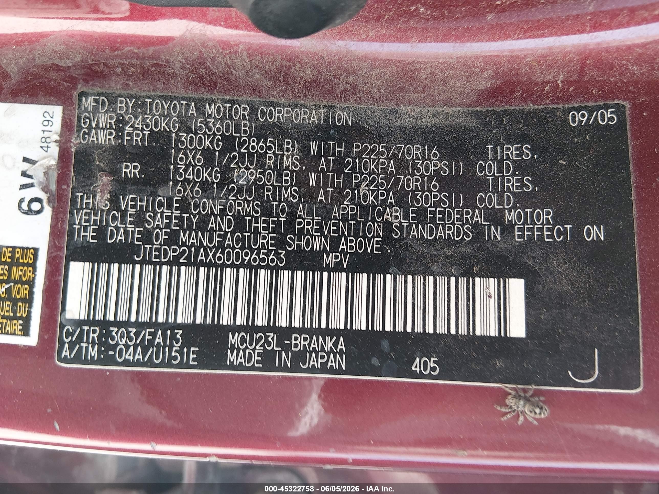 2006 Toyota Highlander V6 Red vin: JTEDP21AX60096563