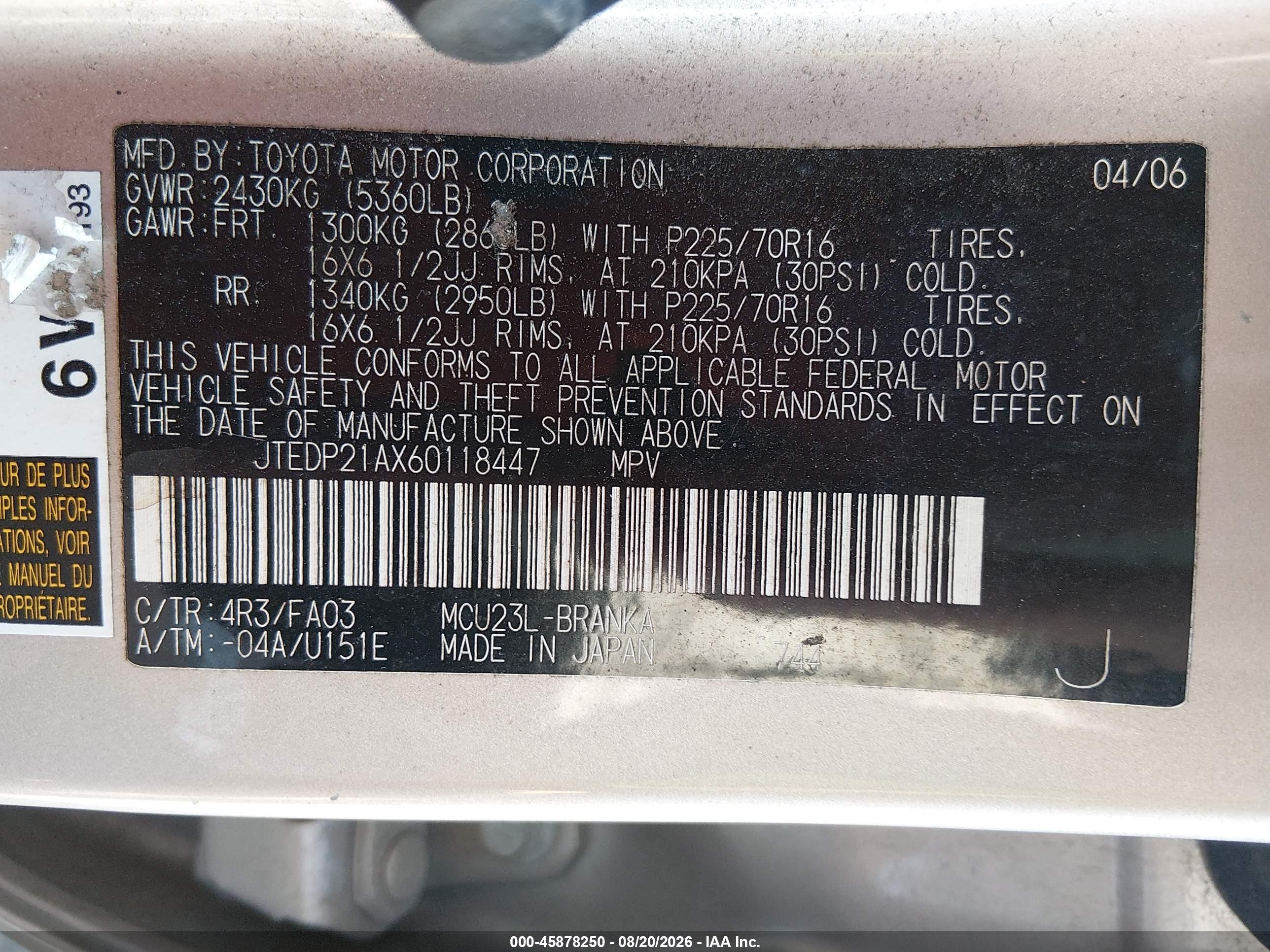 2006 Toyota Highlander V6 Gold vin: JTEDP21AX60118447