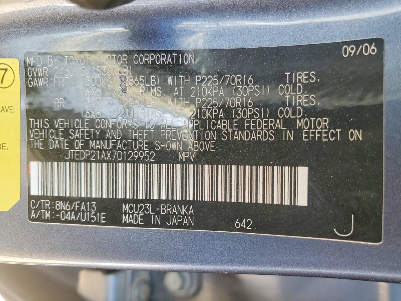 2007 Toyota Highlander Base Blue vin: JTEDP21AX70129952